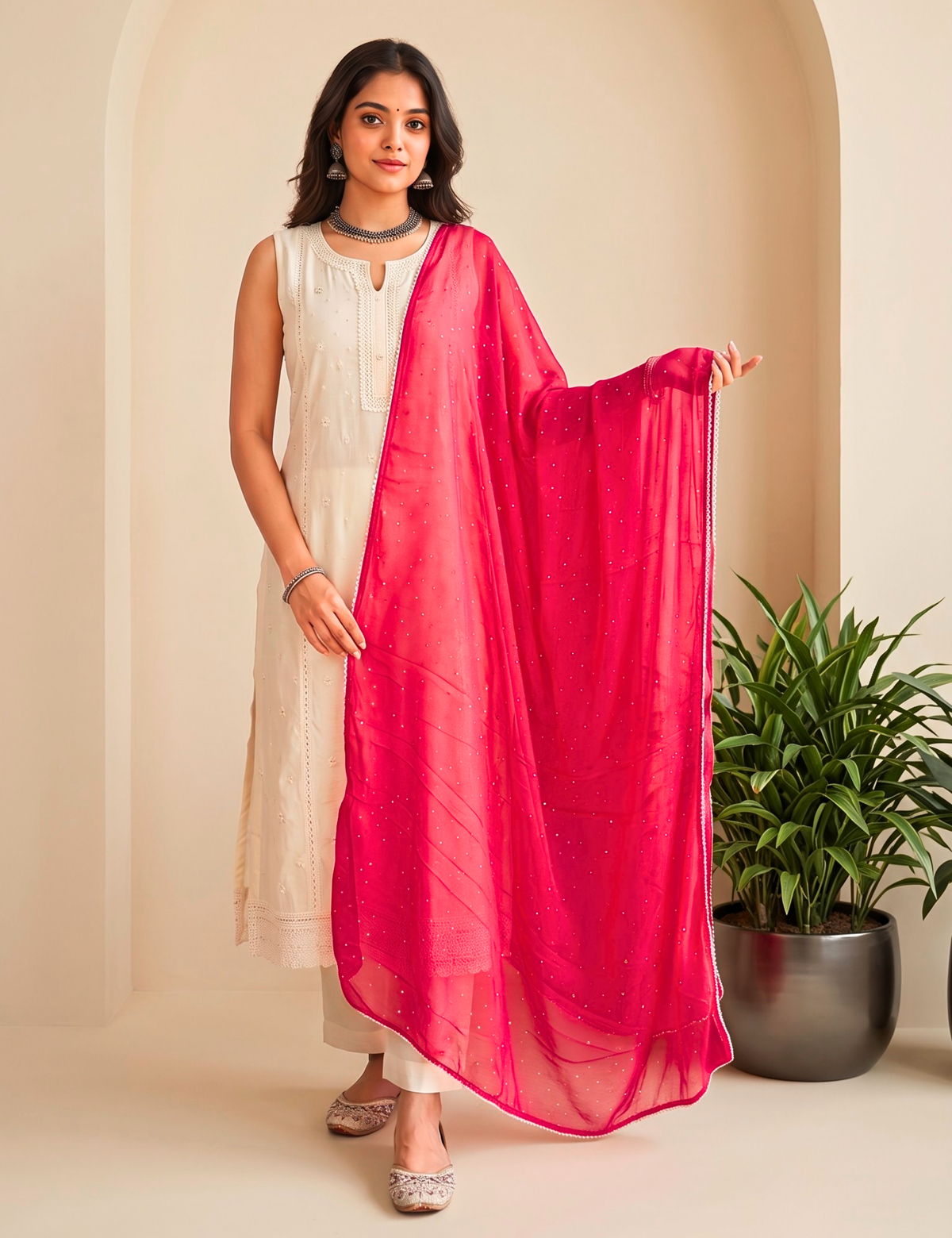 Fuchsia Chiffon Dupatta with Ditsy Swarovski work