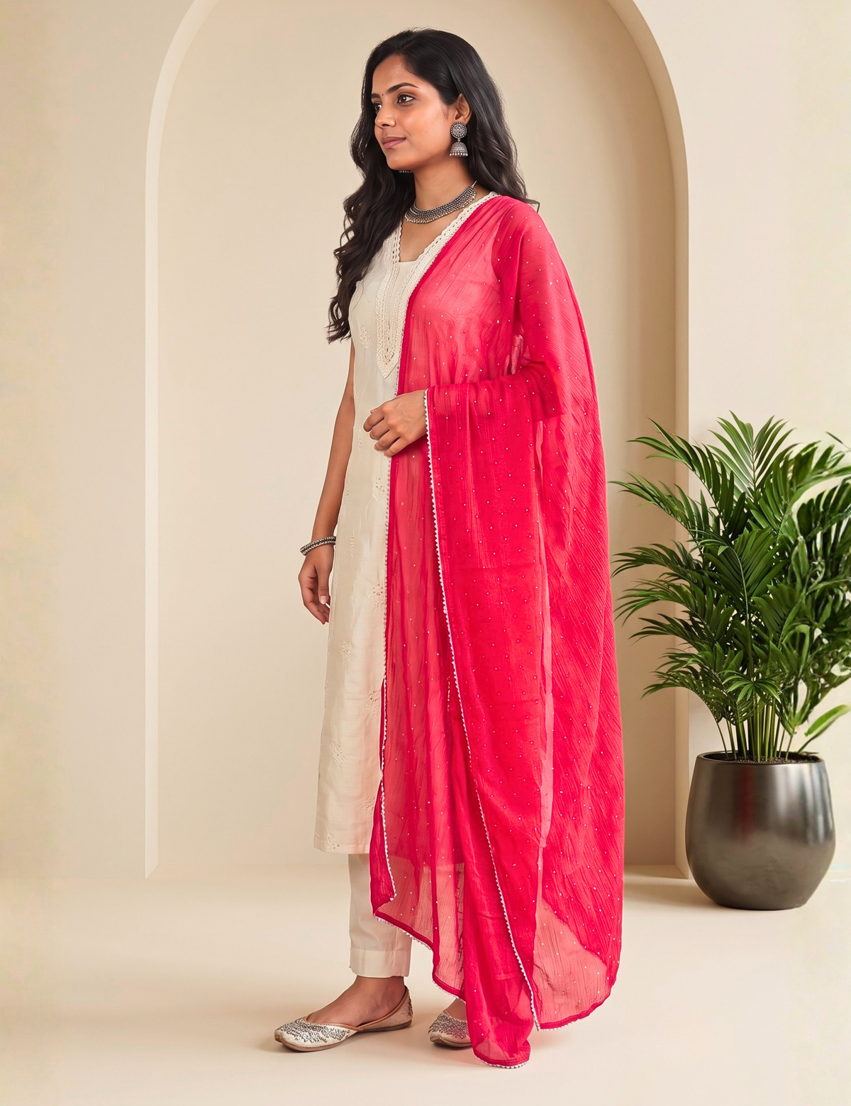 Fuchsia Chiffon Dupatta with Ditsy Swarovski work
