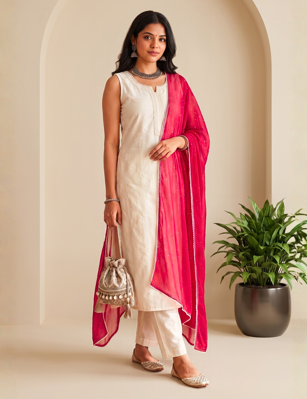 Fuchsia Chiffon Dupatta with Ditsy Swarovski work