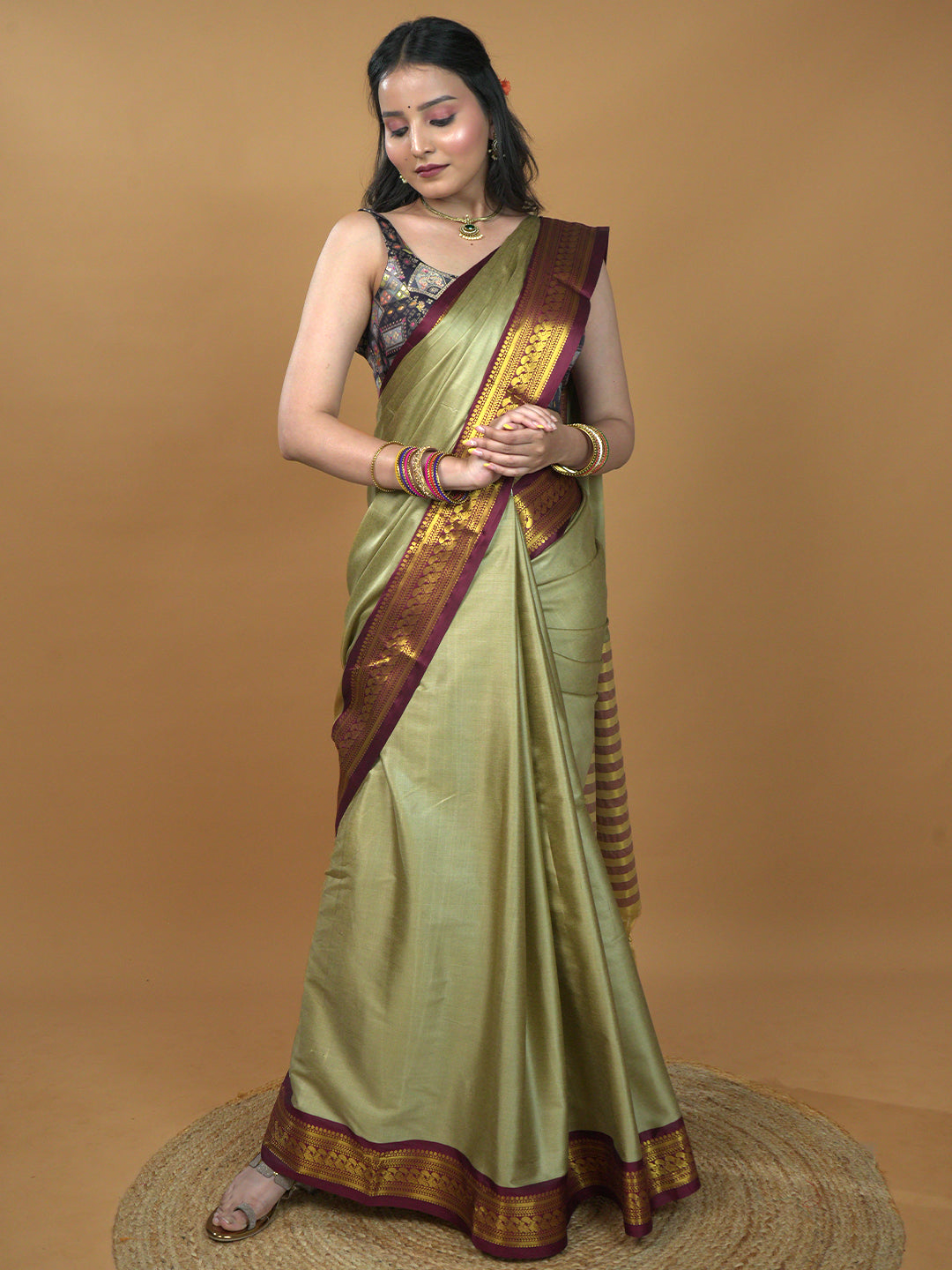 Beige Solid Saree