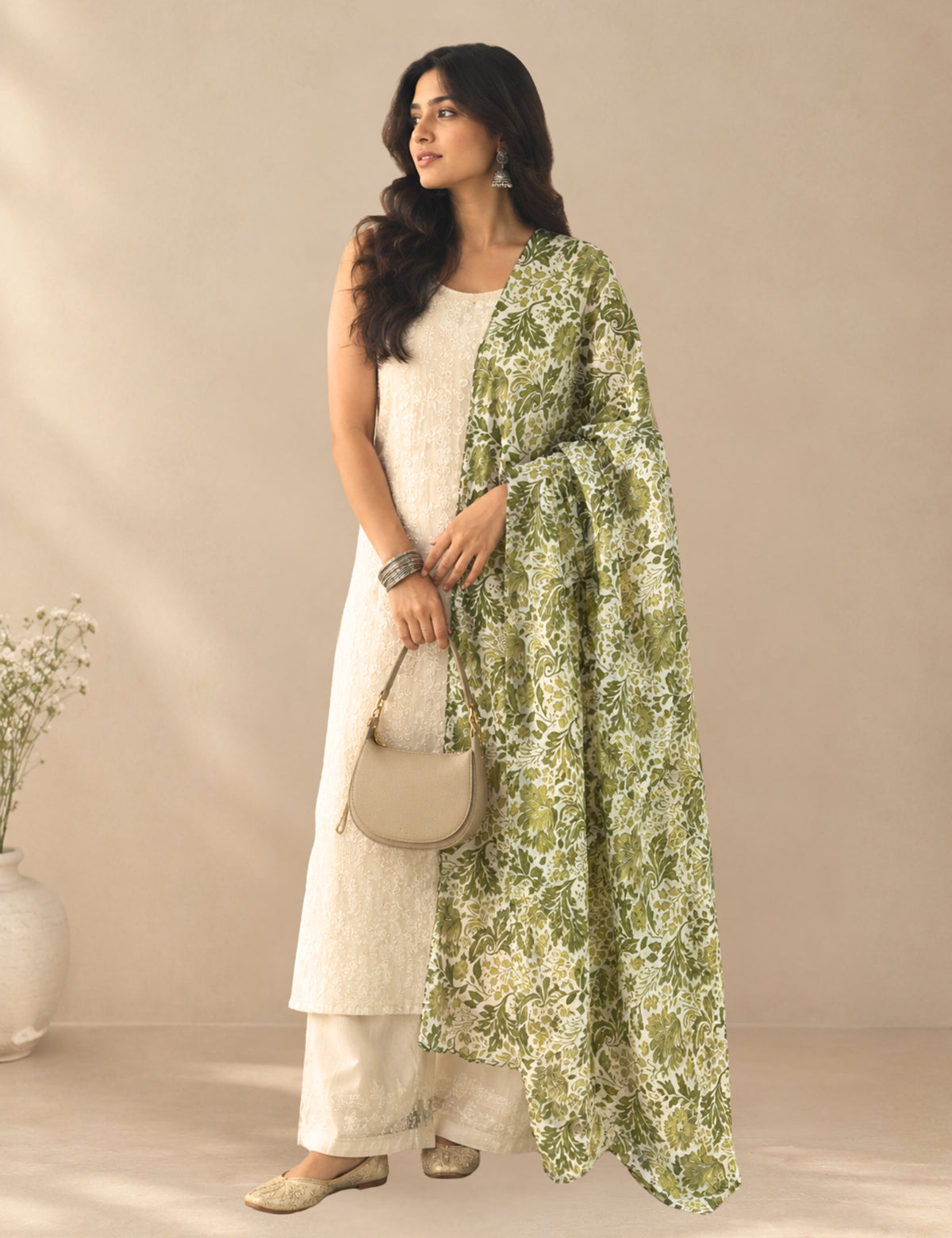 Floral Olive Cotton Dupatta