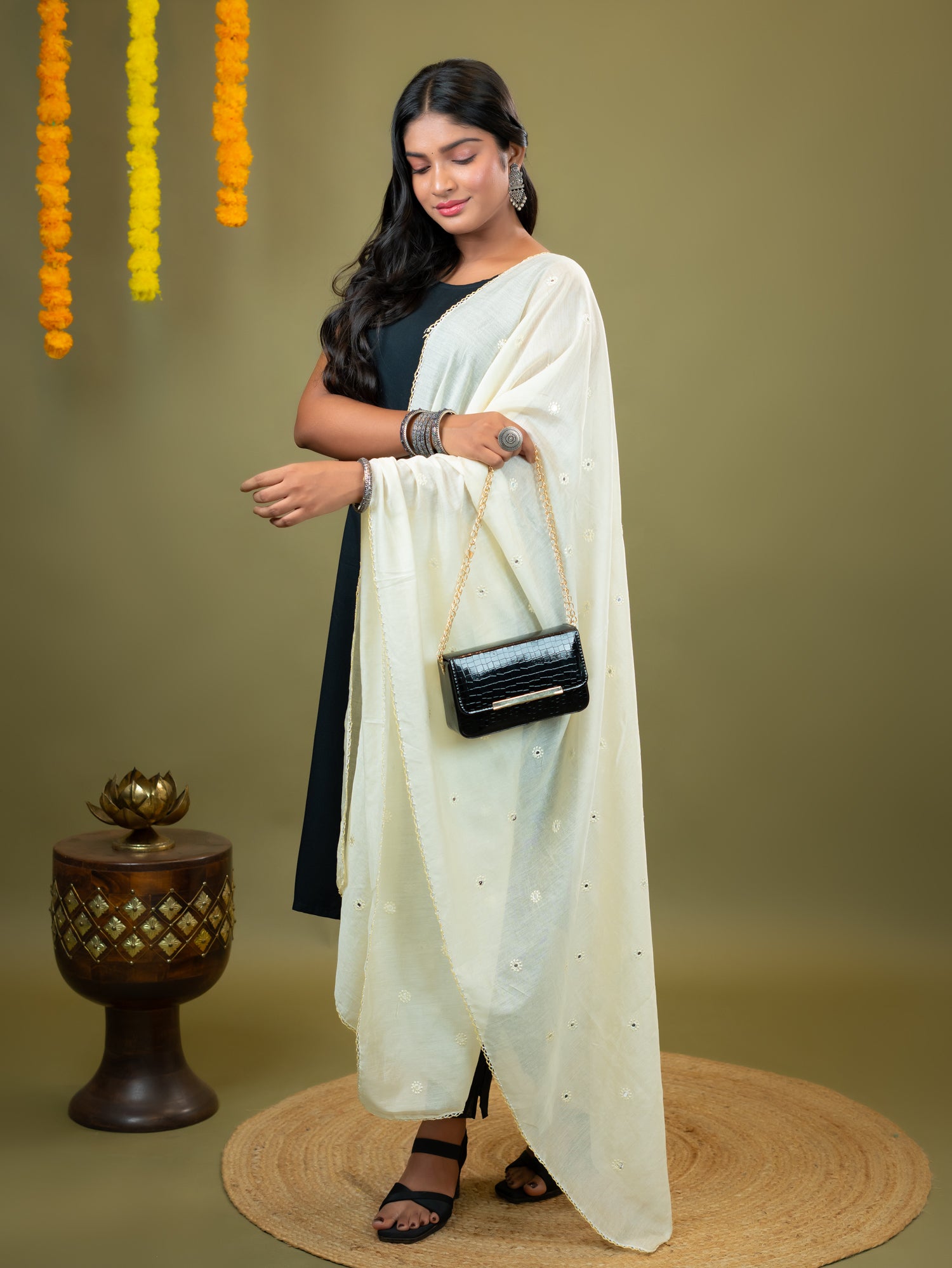 Off White Mirror Work Dupatta