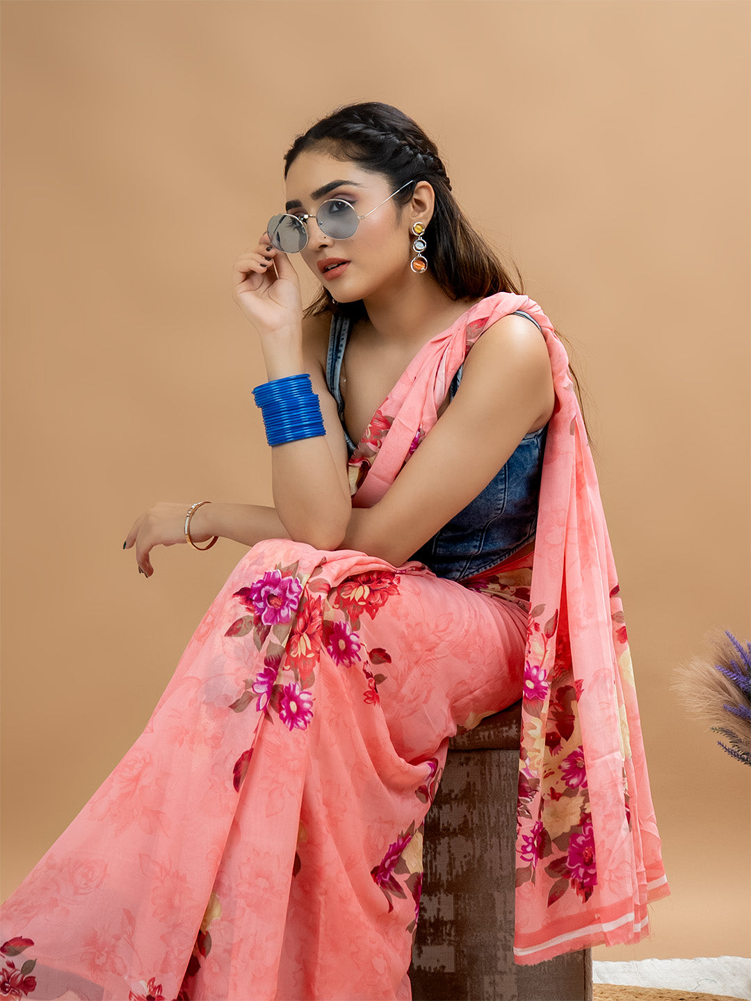 Floral Powder Crepe Saree