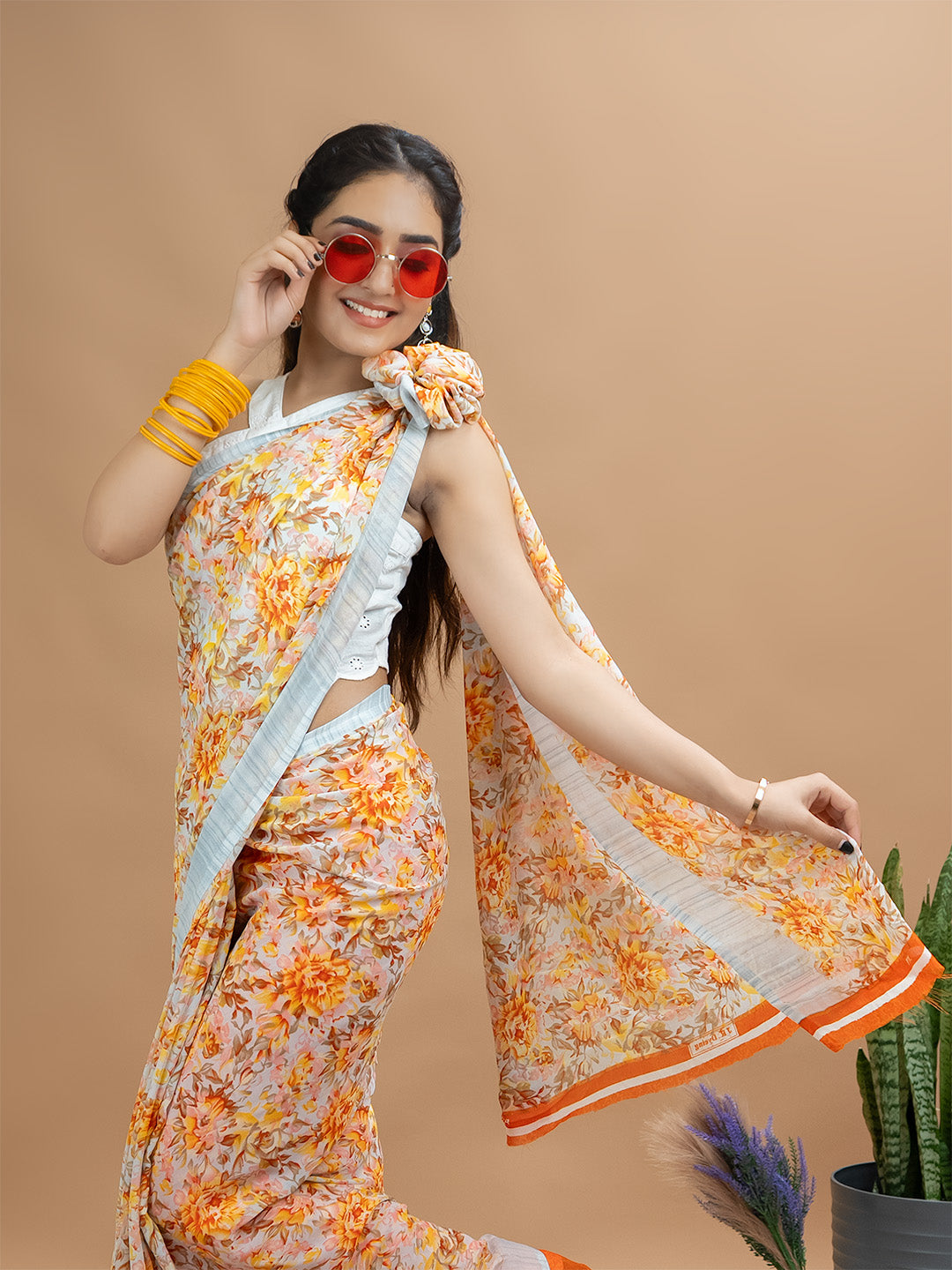 Floral Powder Crepe Saree