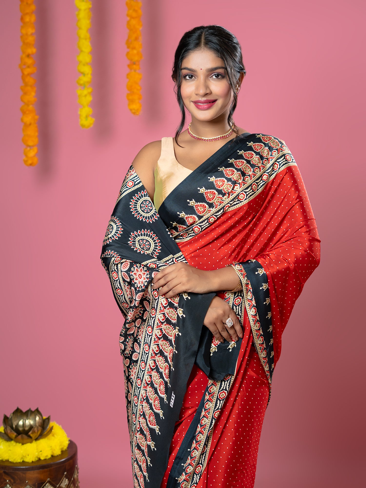 Red Ajrakh Digital Print Saree