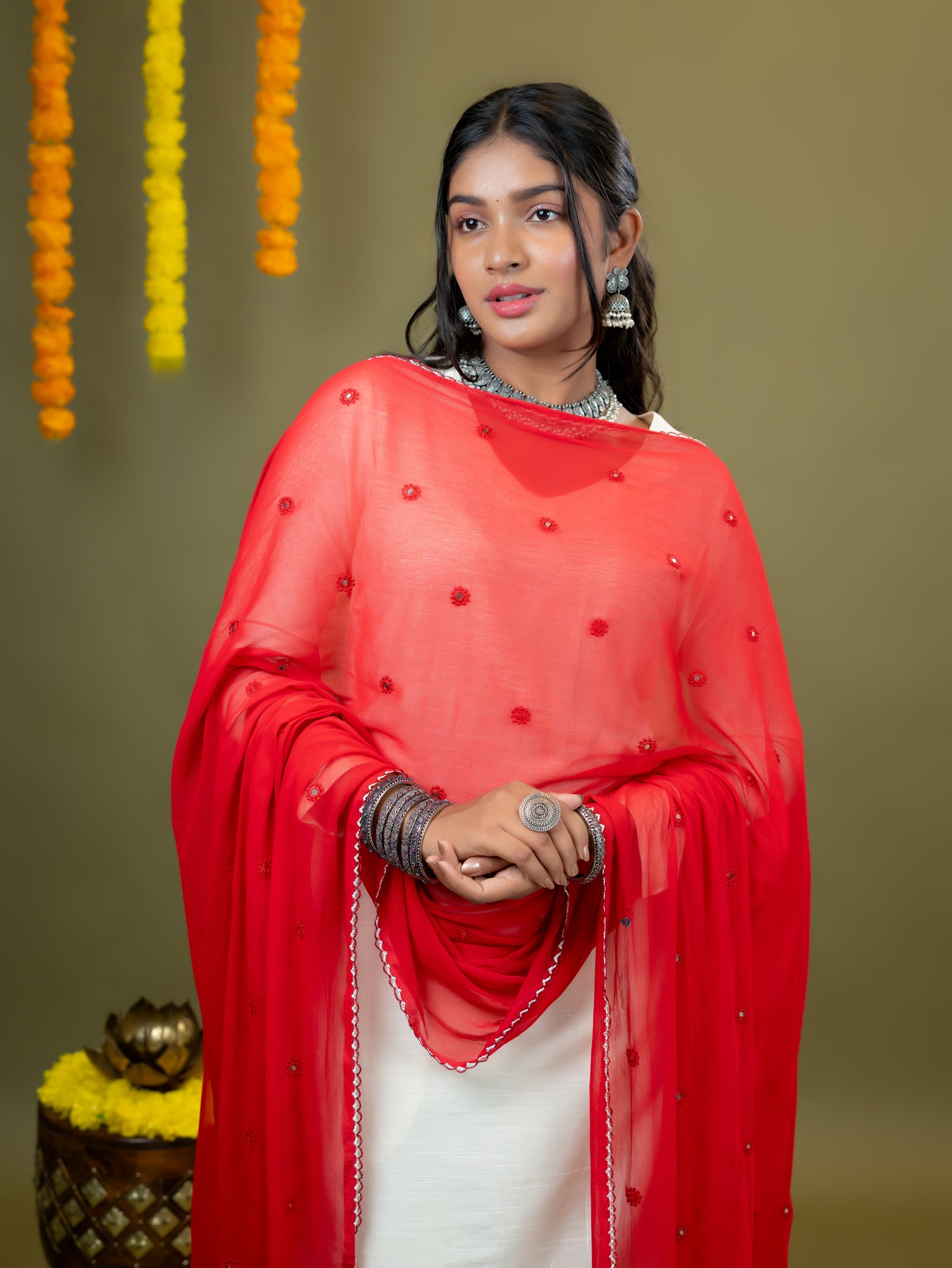 Red Mirror Work Dupatta