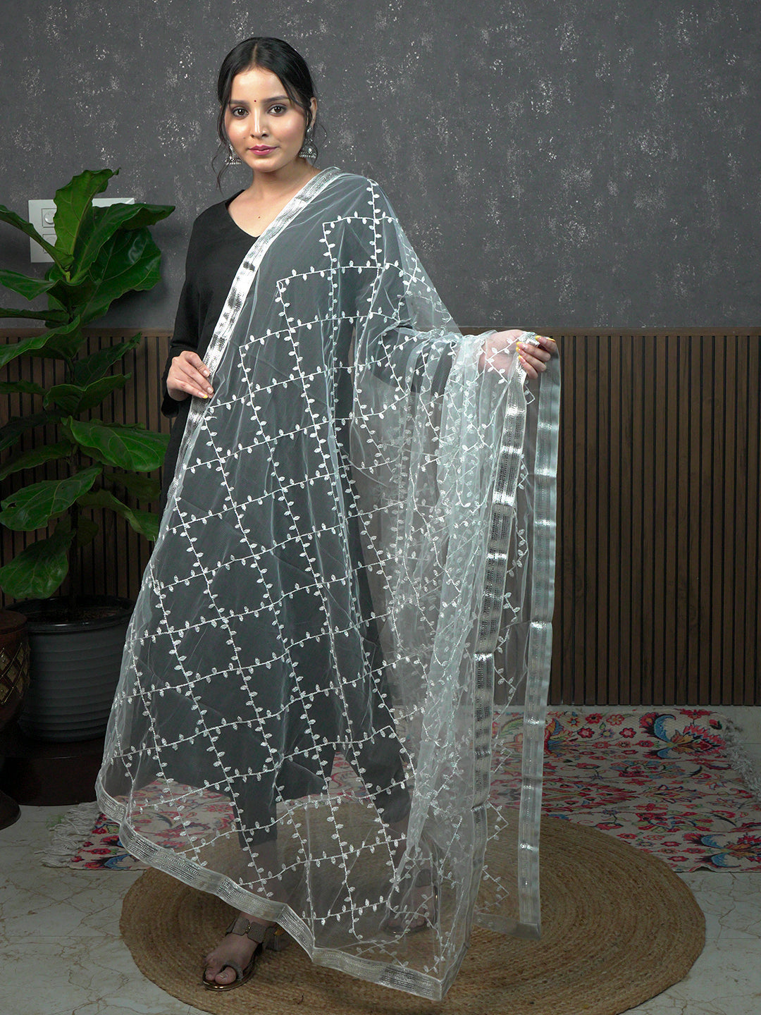 Jaal Embroidery Net Dupatta