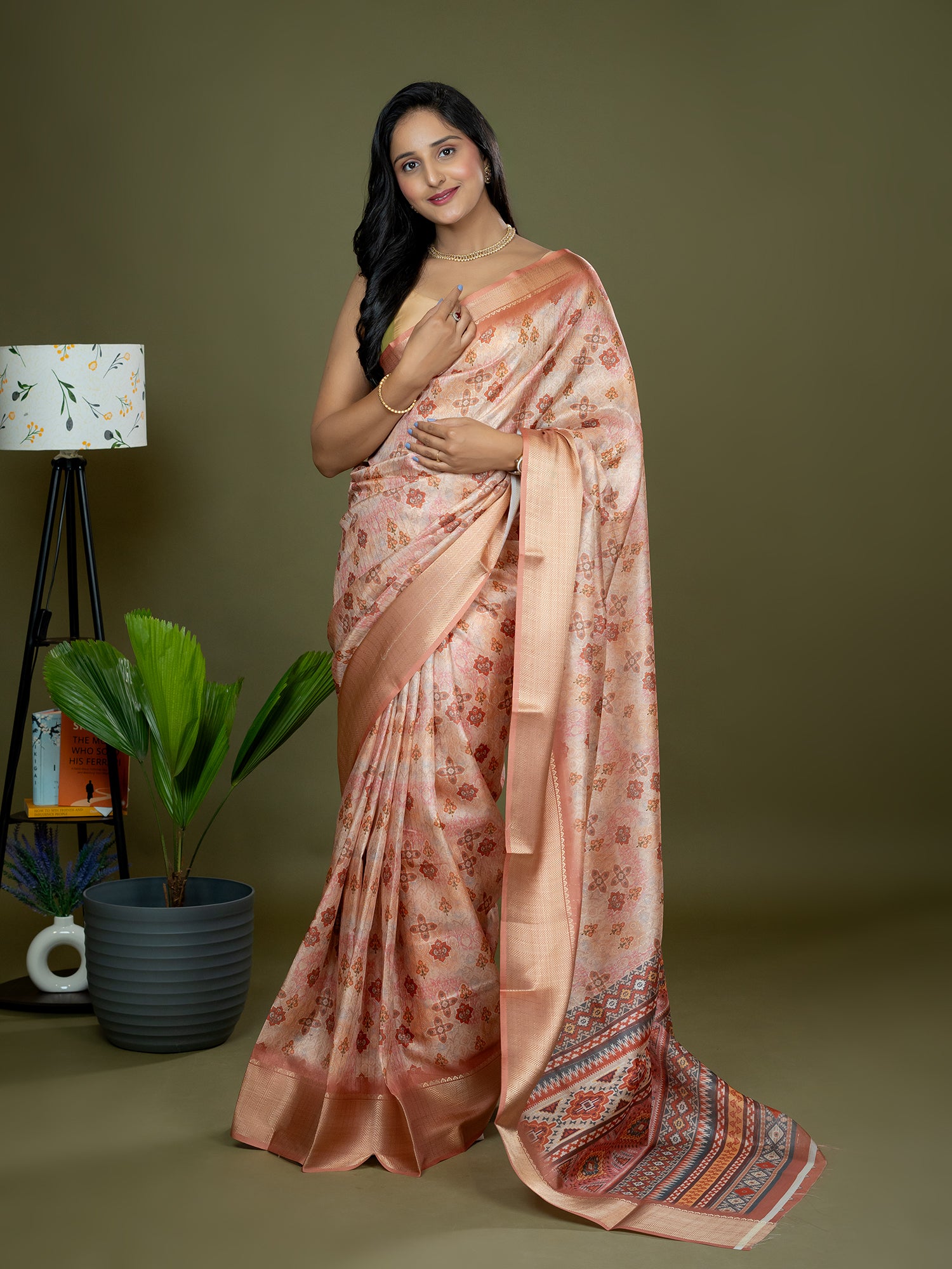 Peach Ajrakh Digital Print Saree