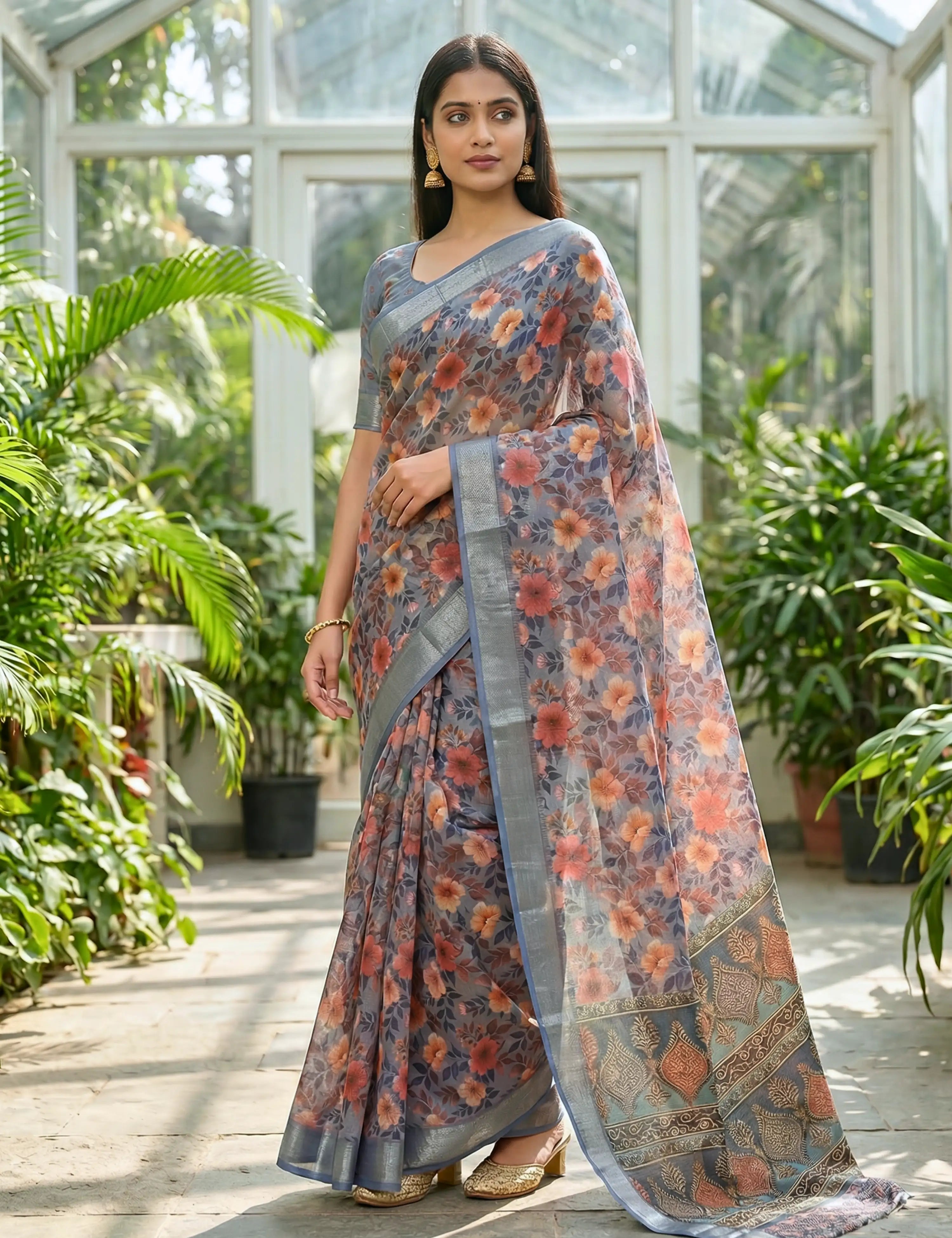 Floral Linen Blend Saree