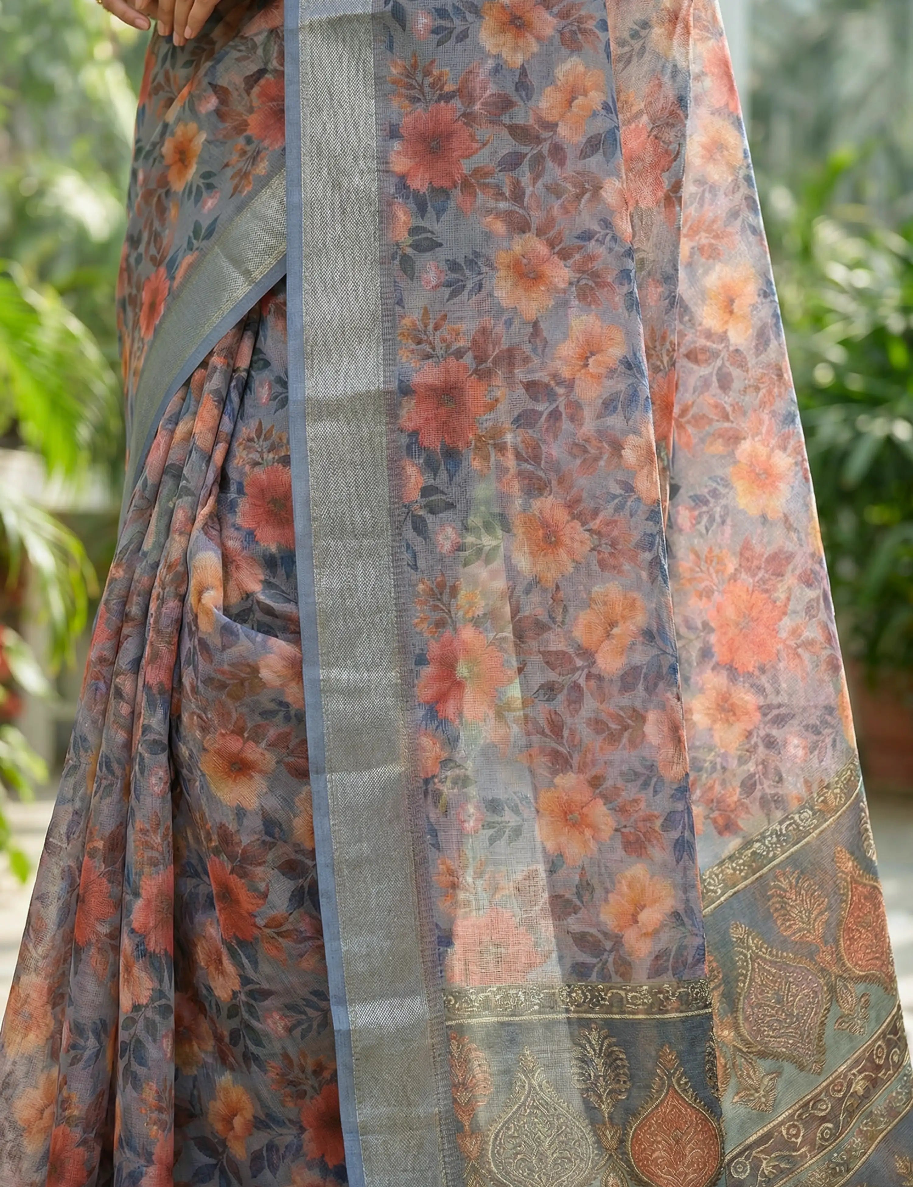 Floral Linen Blend Saree