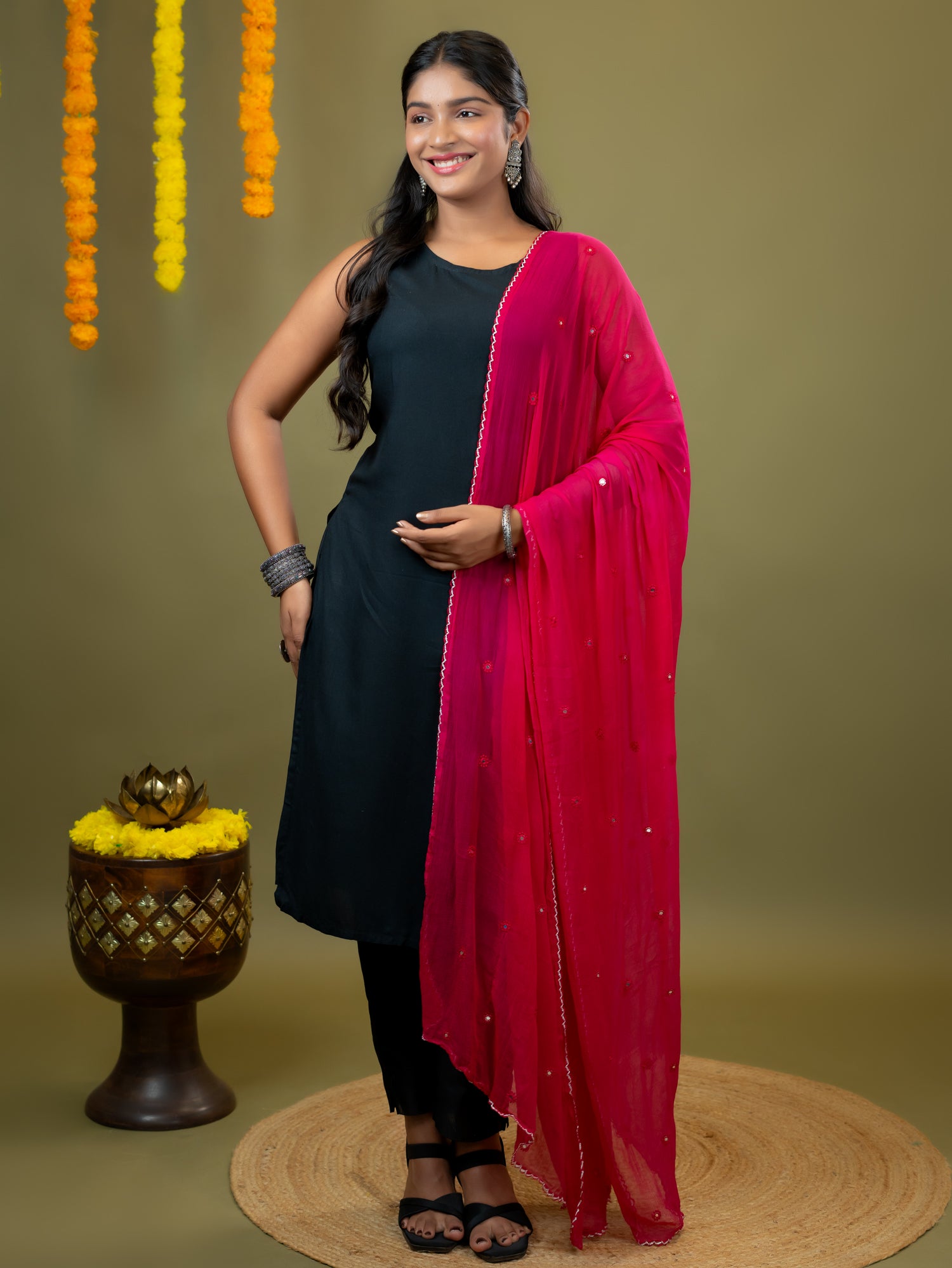 Fuchsia Mirror Work Dupatta