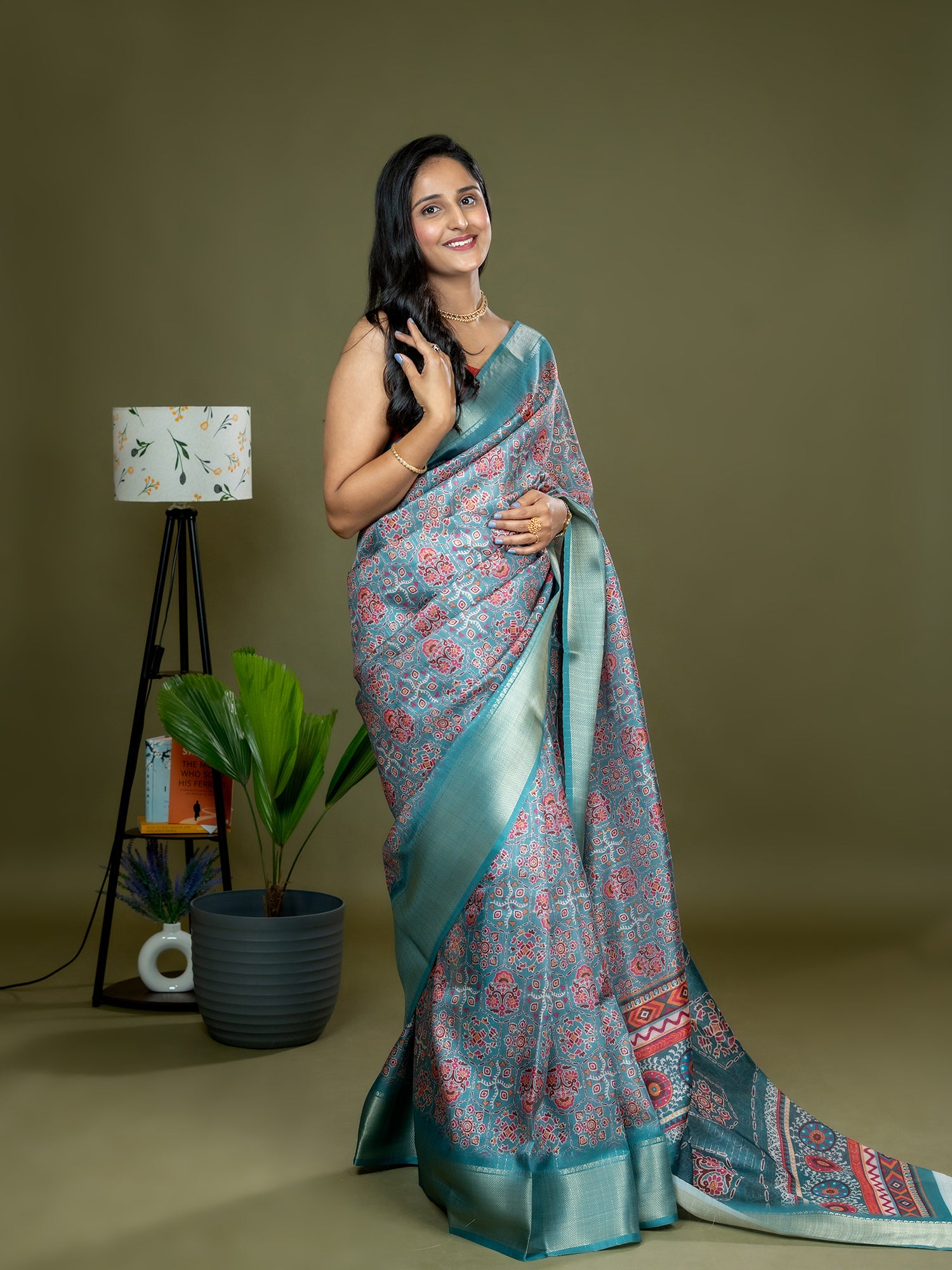 Seagreen Ajrakh Digital Print Saree