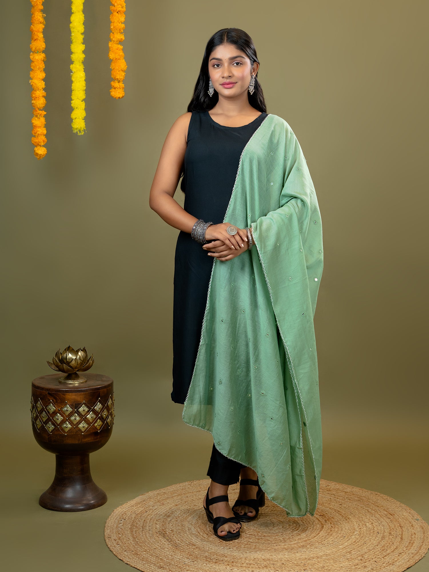 Sage Mirror Work Dupatta