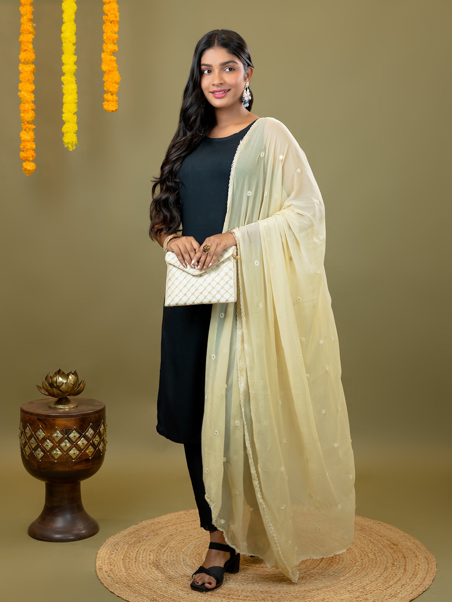 Beige Mirror Work Dupatta
