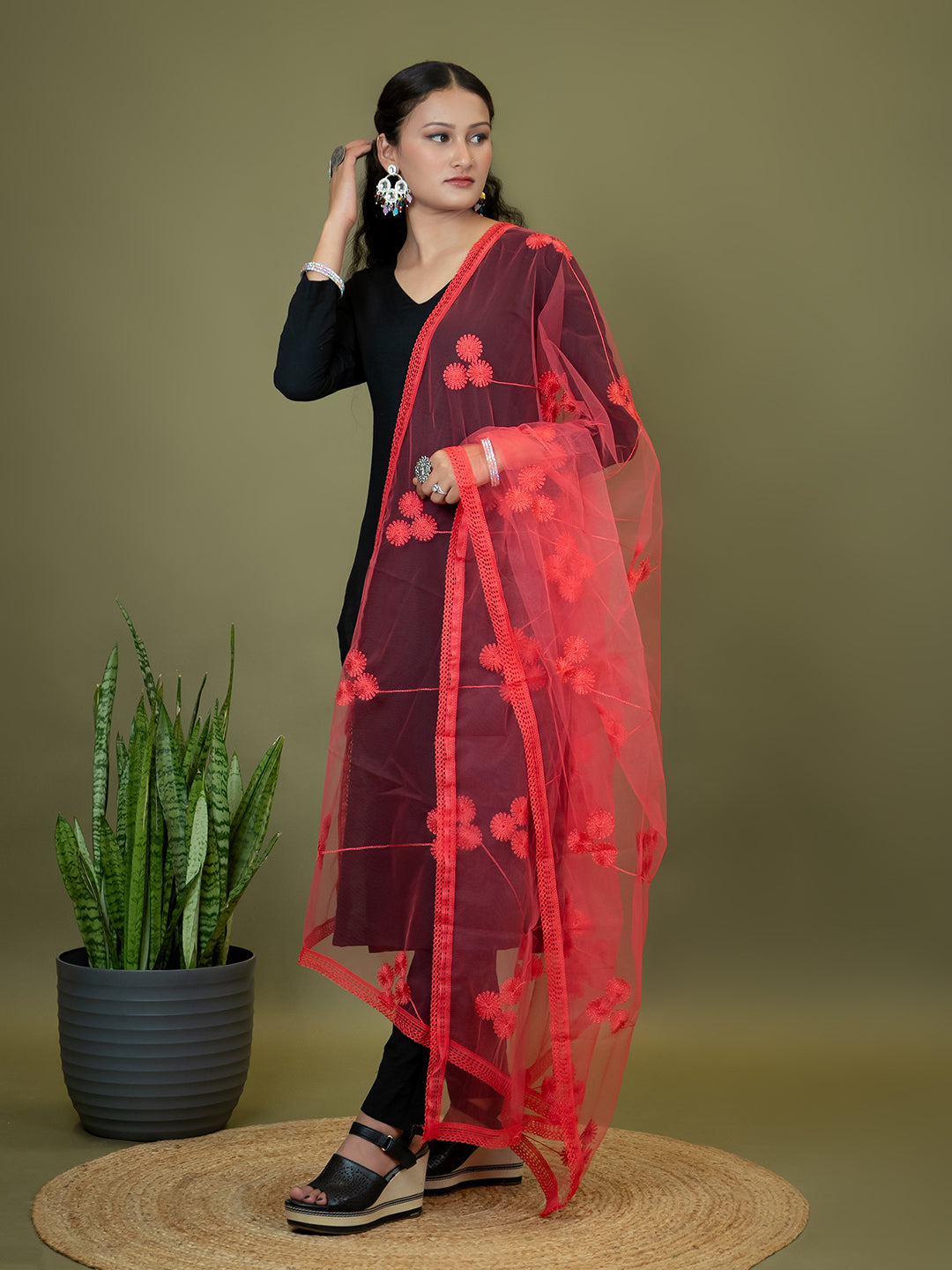 Floral Net Dupatta