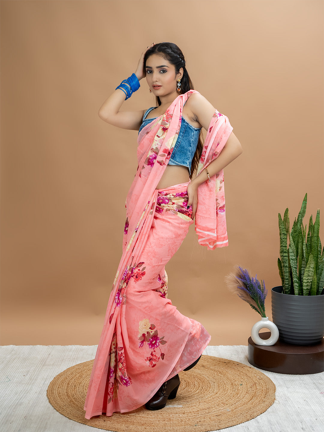 Floral Powder Crepe Saree