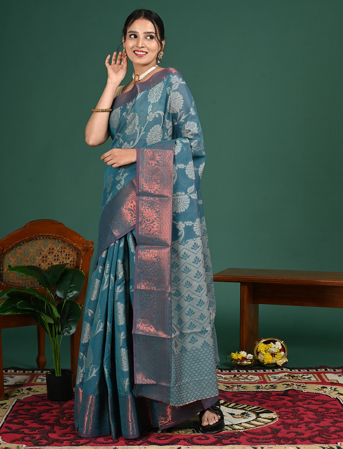 Teal Kota Semi Cotton Saree