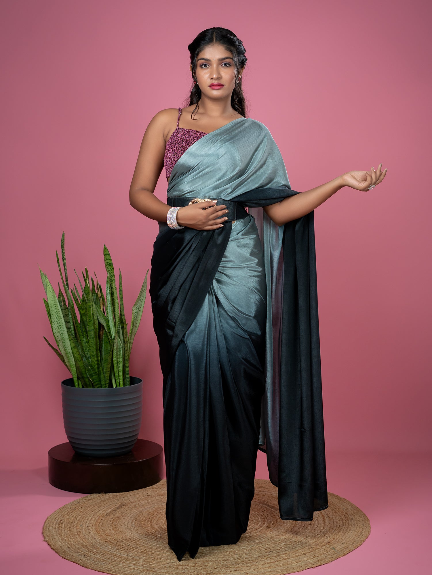 Grey Ready to Wear Party Saree