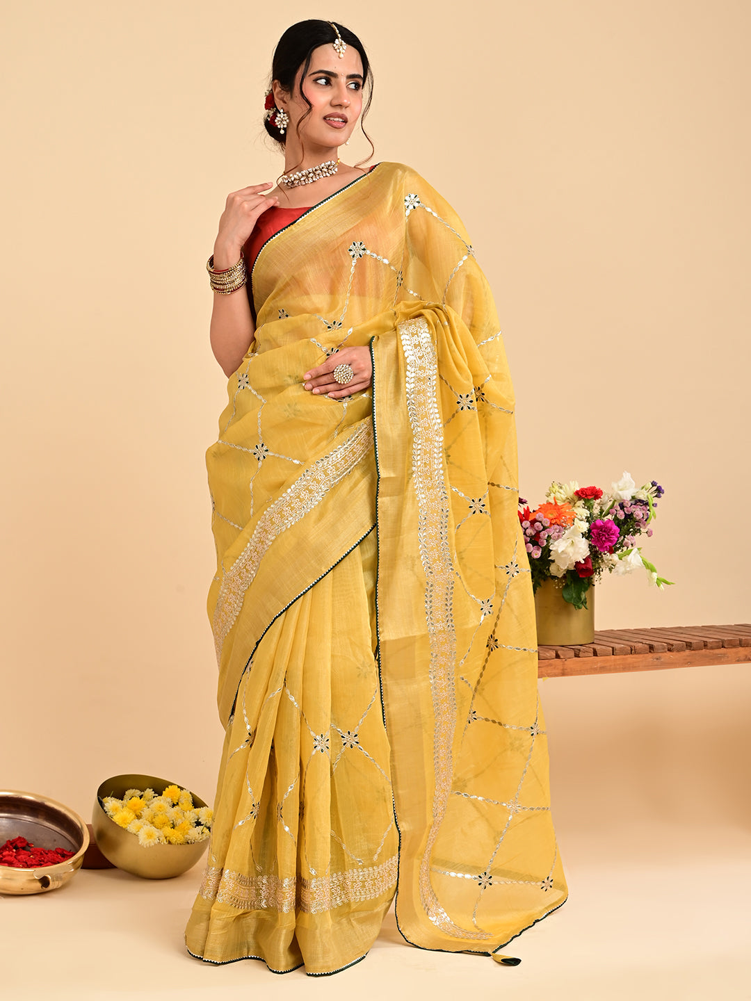 Embroidered Gota Patti Chanderi Saree