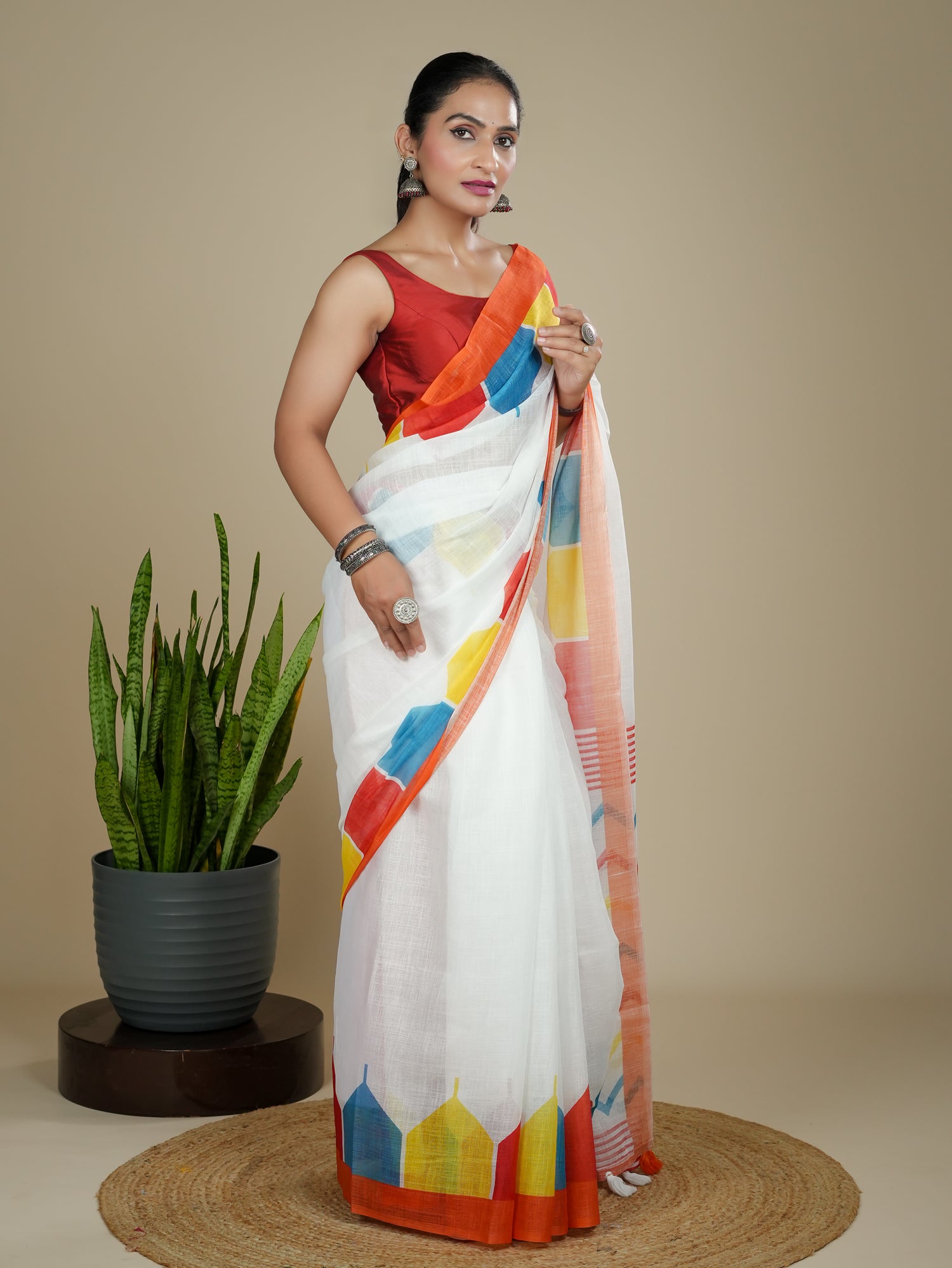 Cotton Linen Block Print Saree