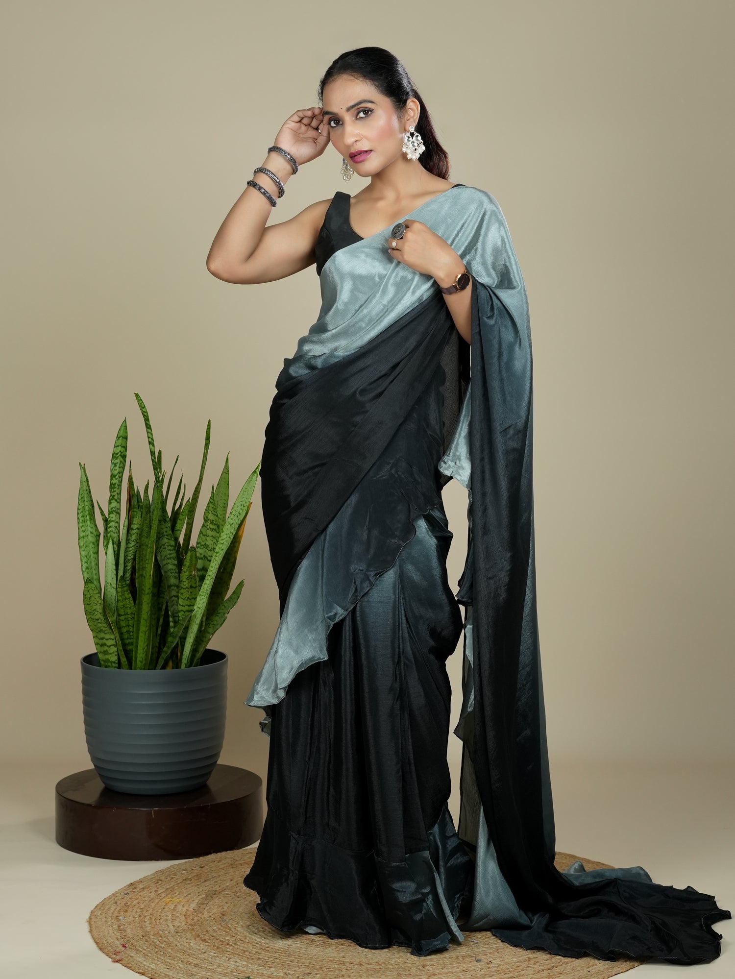Grey Ready to Wear Party Saree