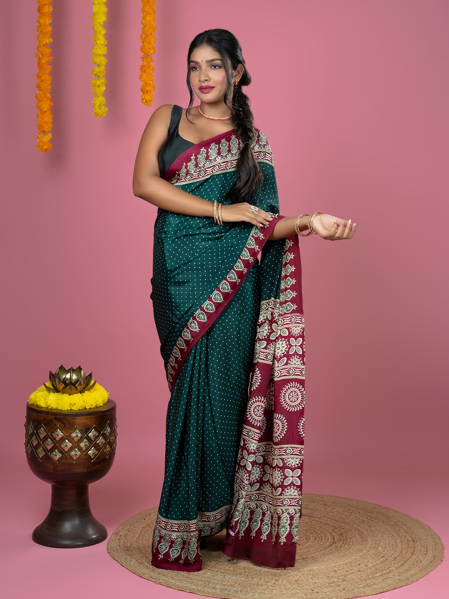 Dark Green Ajrakh Digital Print Saree