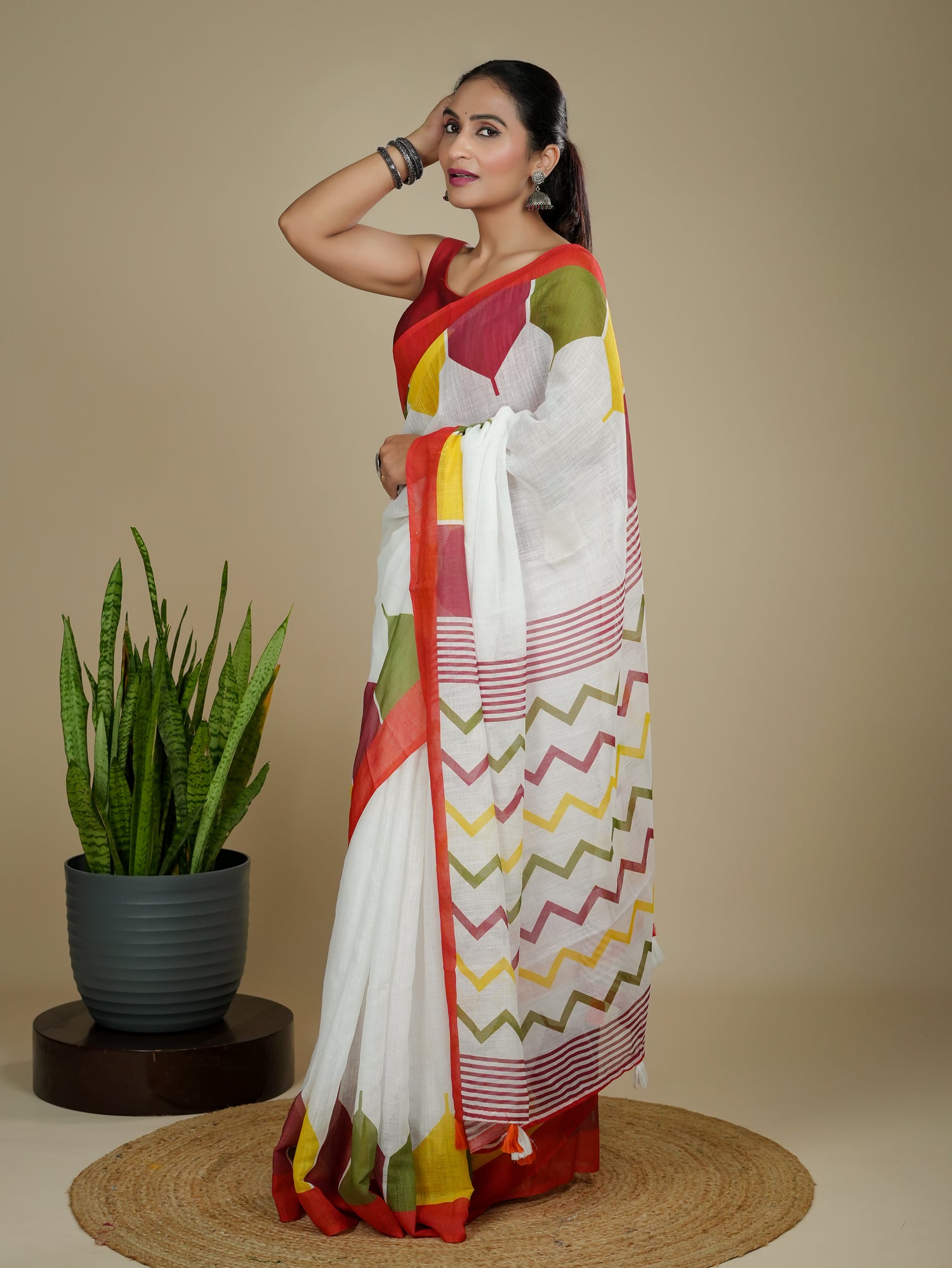 Cotton Linen Block Print Saree