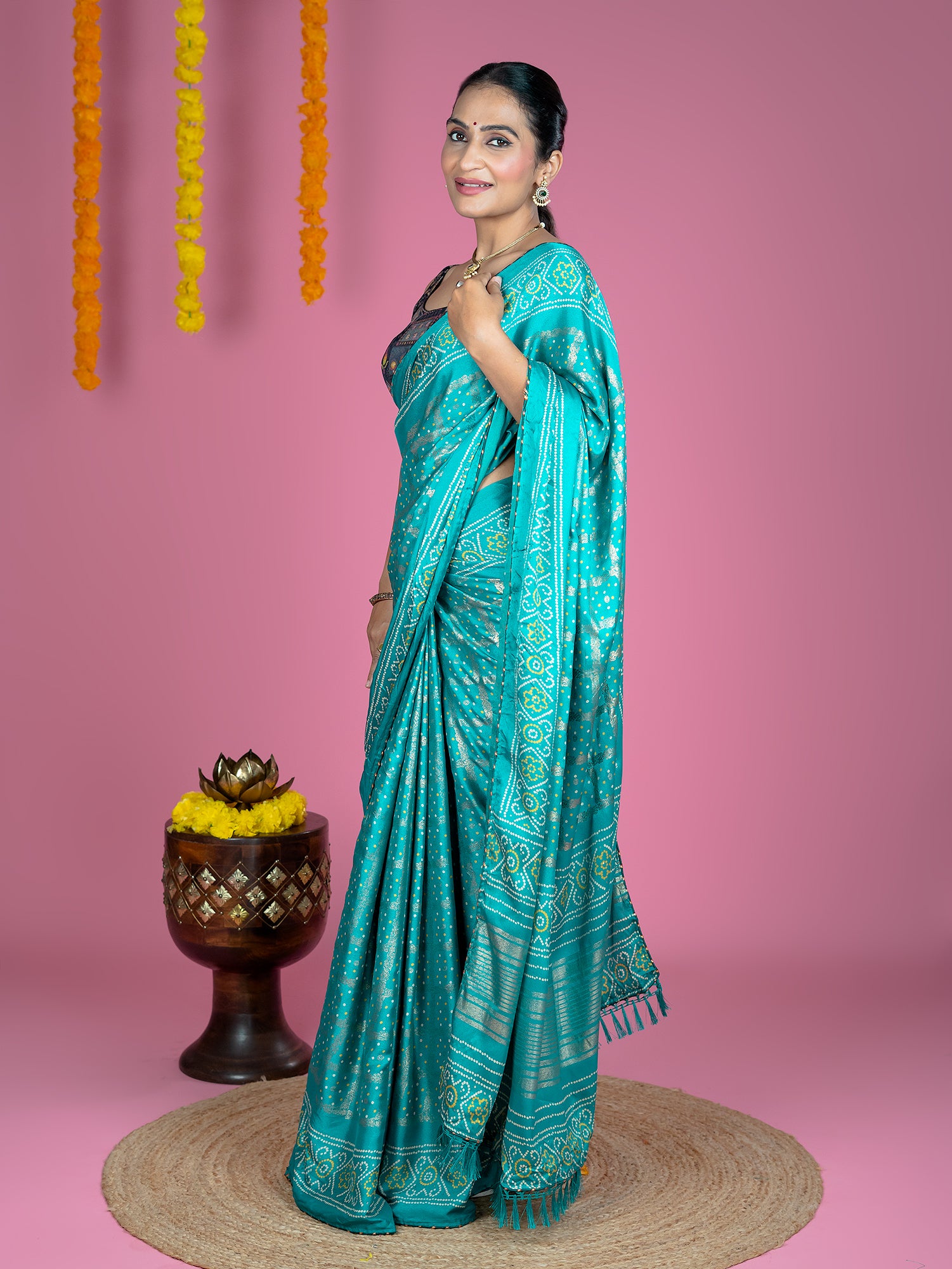 Turquoise Bandhini Saree