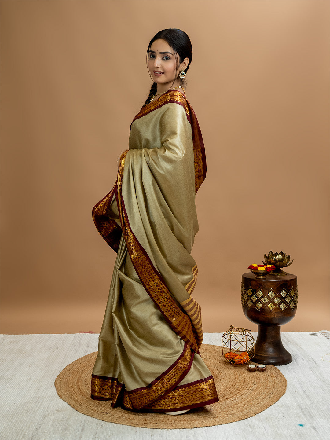 Beige Solid Saree