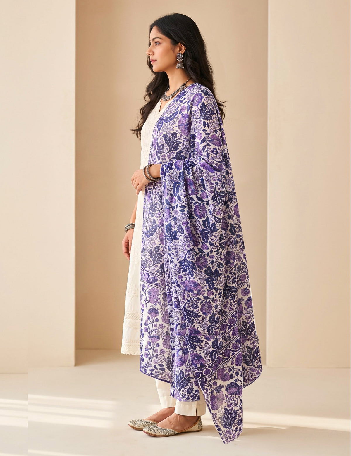 Floral Purple Cotton Dupatta