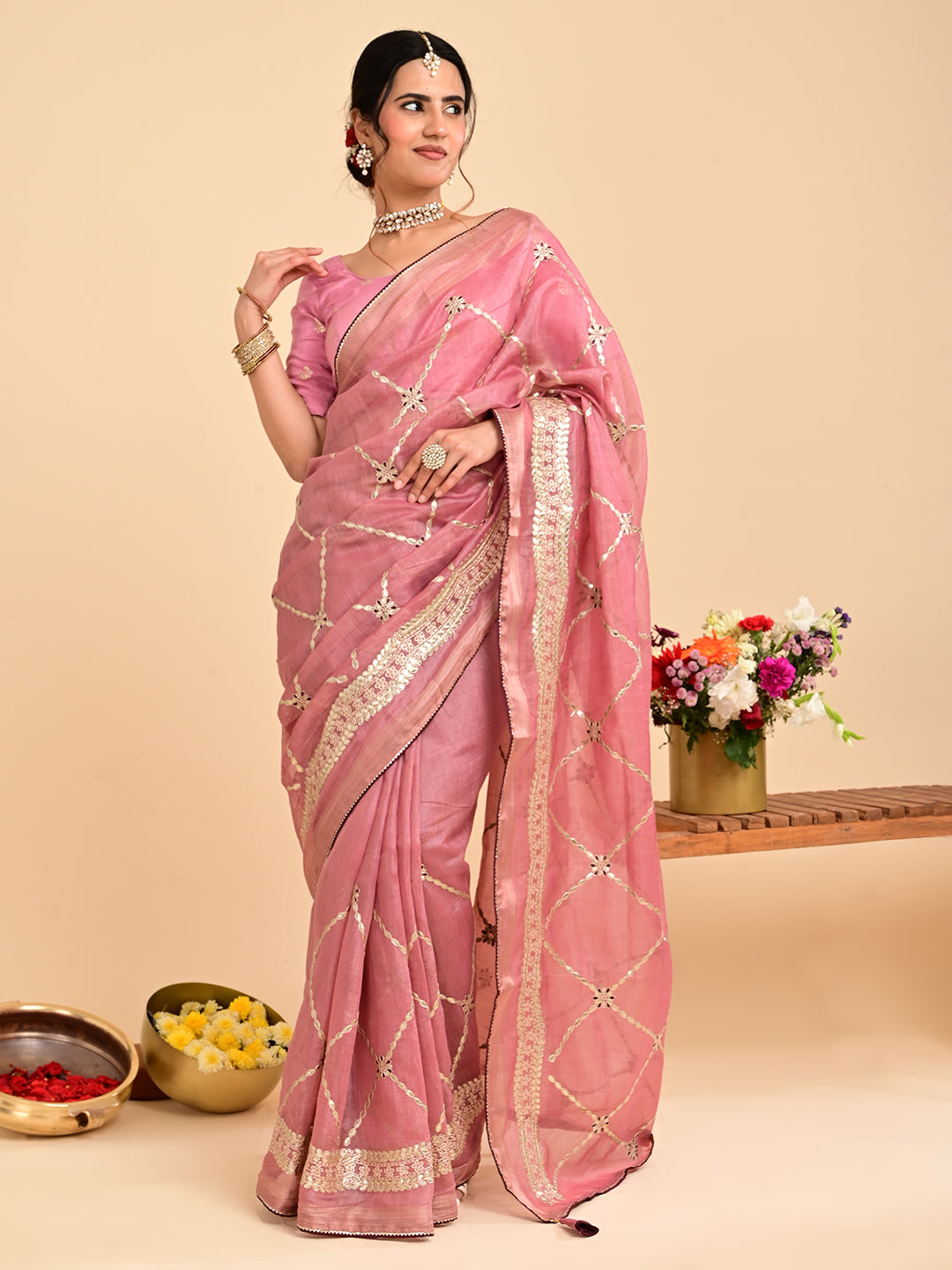 Embroidered Gota Patti Chanderi Saree