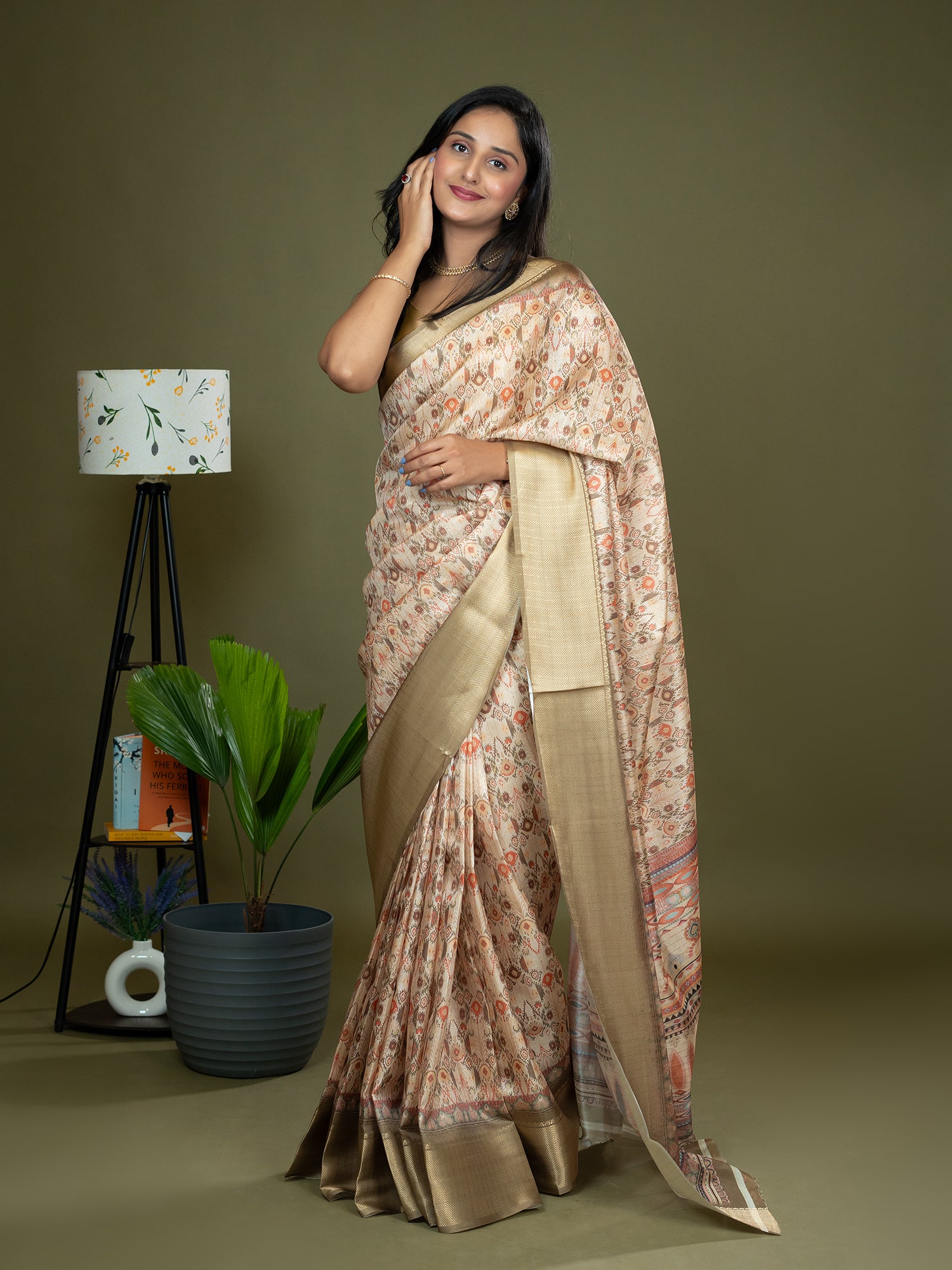 Beige Ajrakh Digital Print Saree