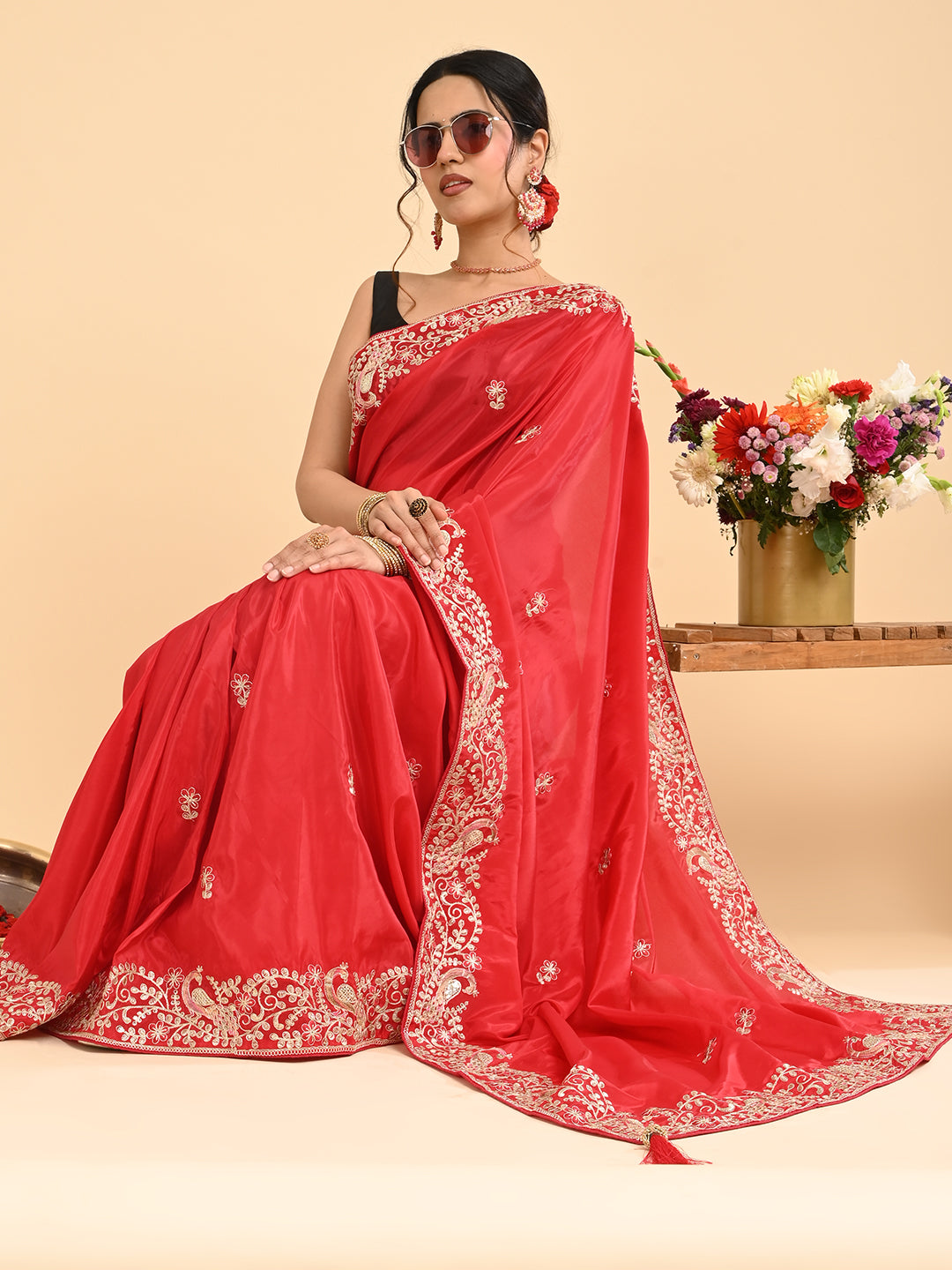 Embroidered Zardozi Crepe Silk Saree