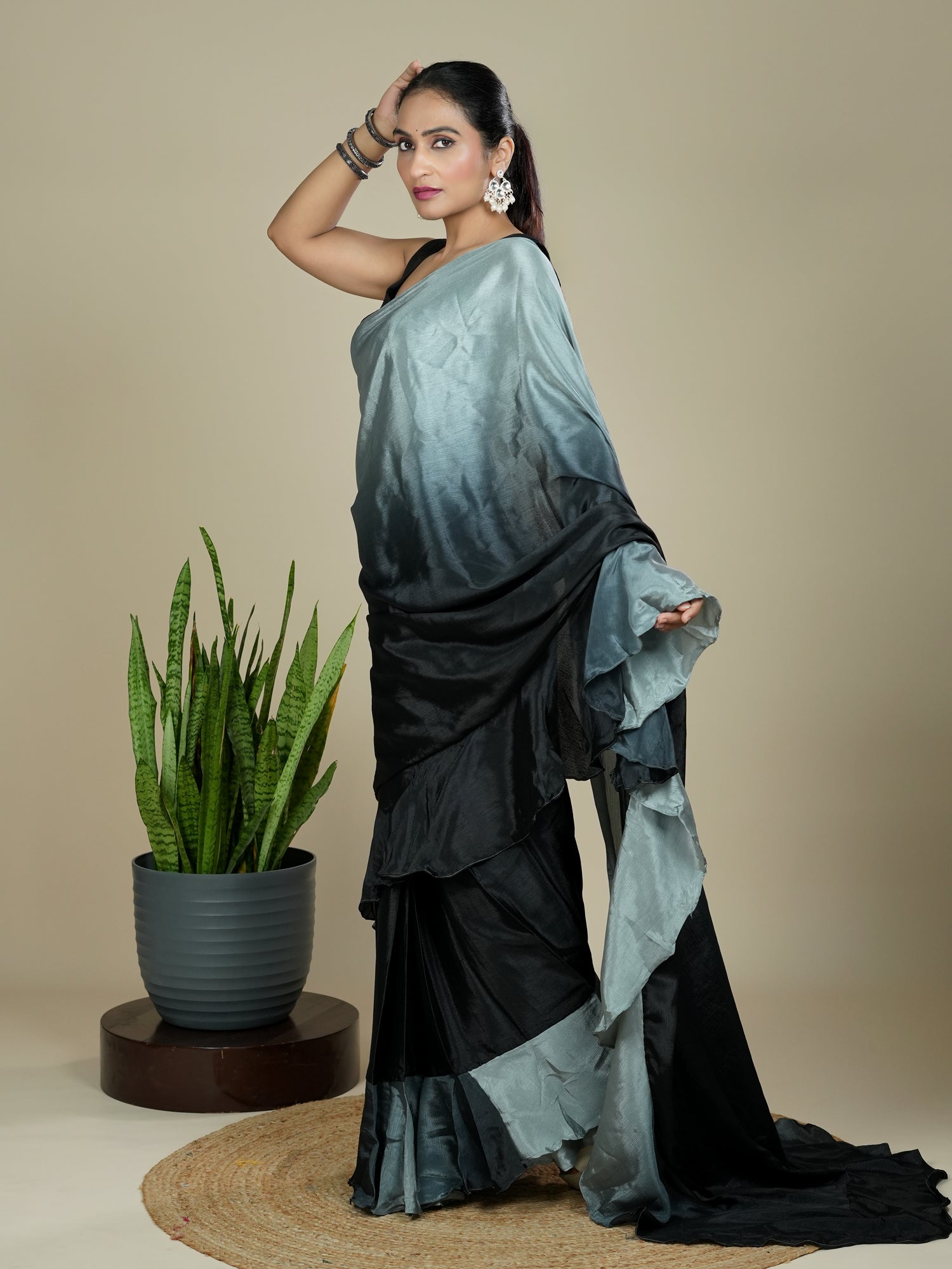 Grey Ready to Wear Party Saree