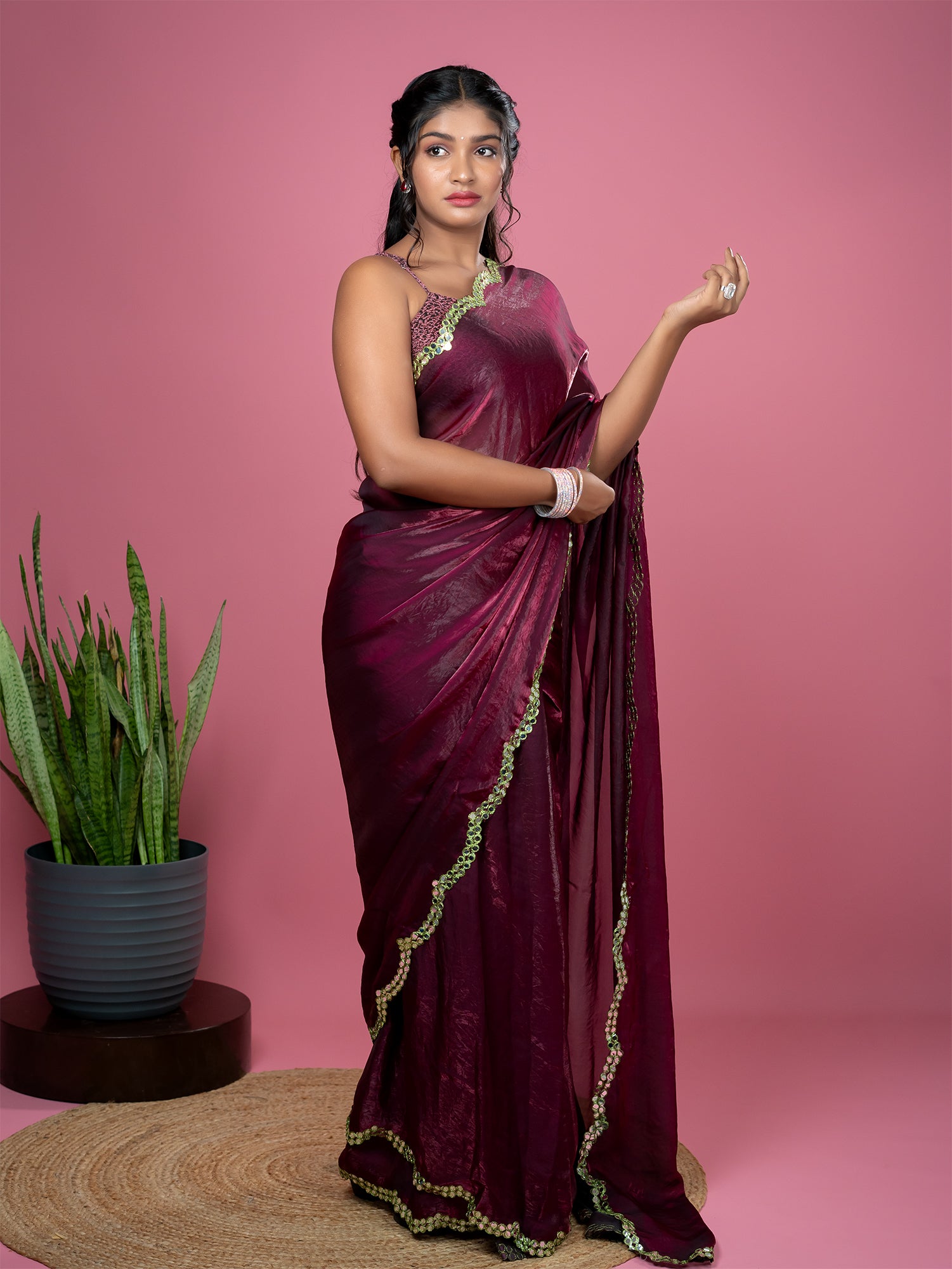 Burgundy Ready to Wear Party Saree