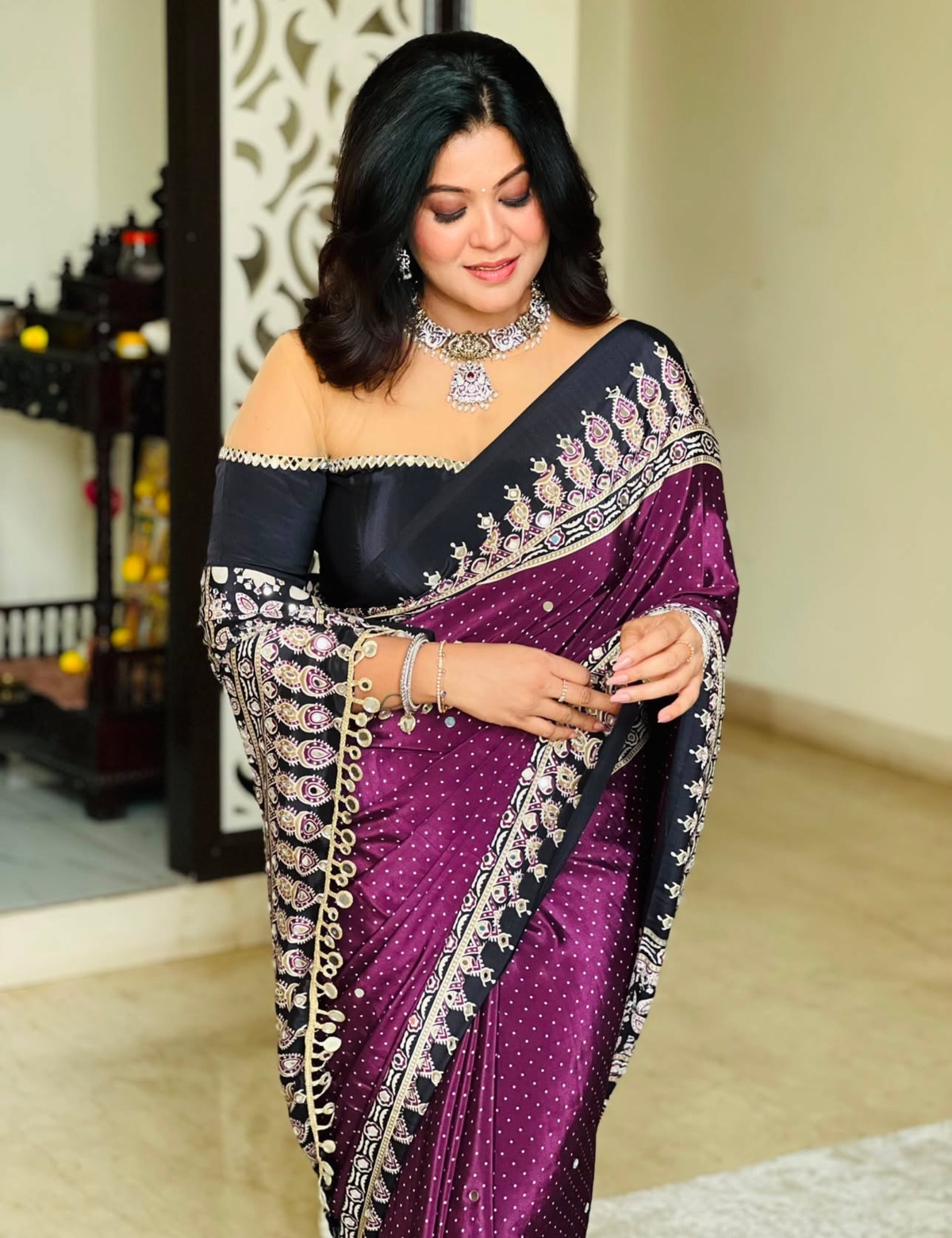 Ajrakh Crepe Silk Mirror Work Saree