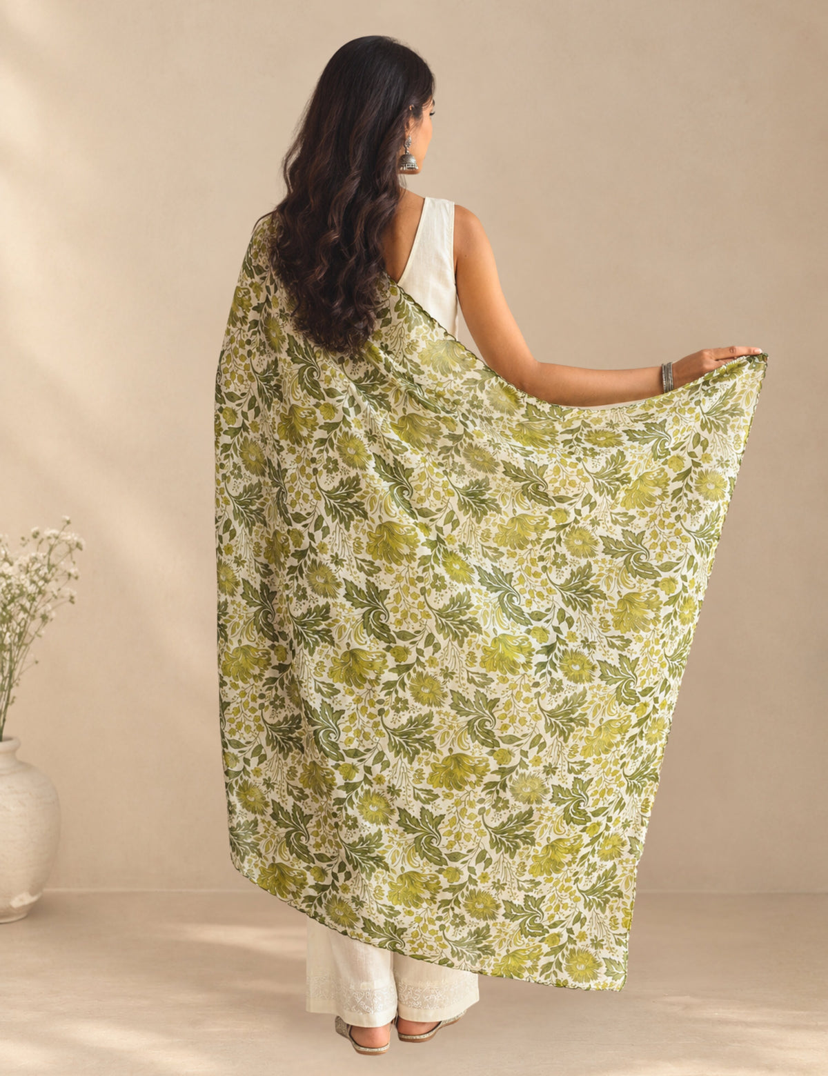 Floral Olive Cotton Dupatta