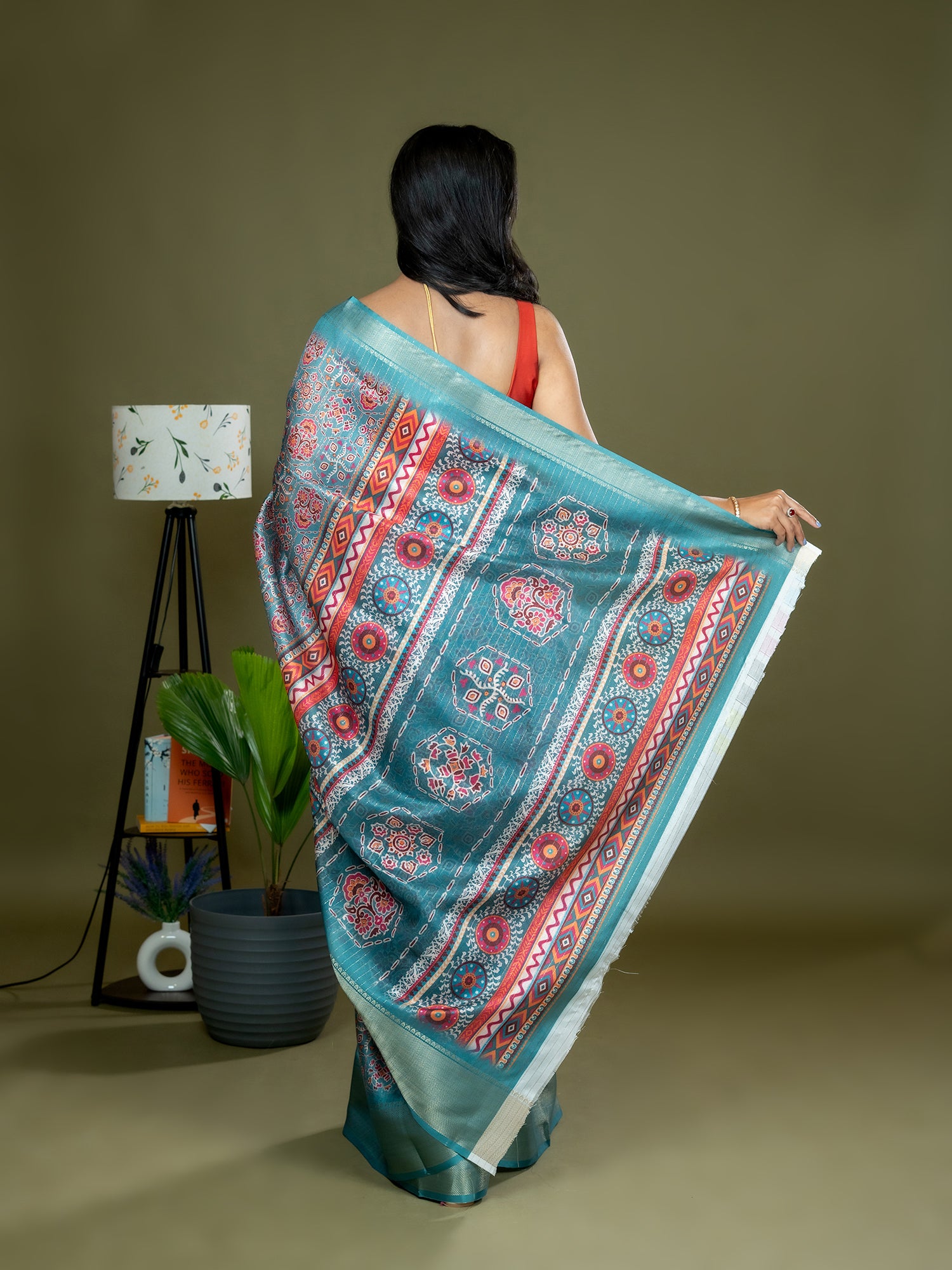 Seagreen Ajrakh Digital Print Saree