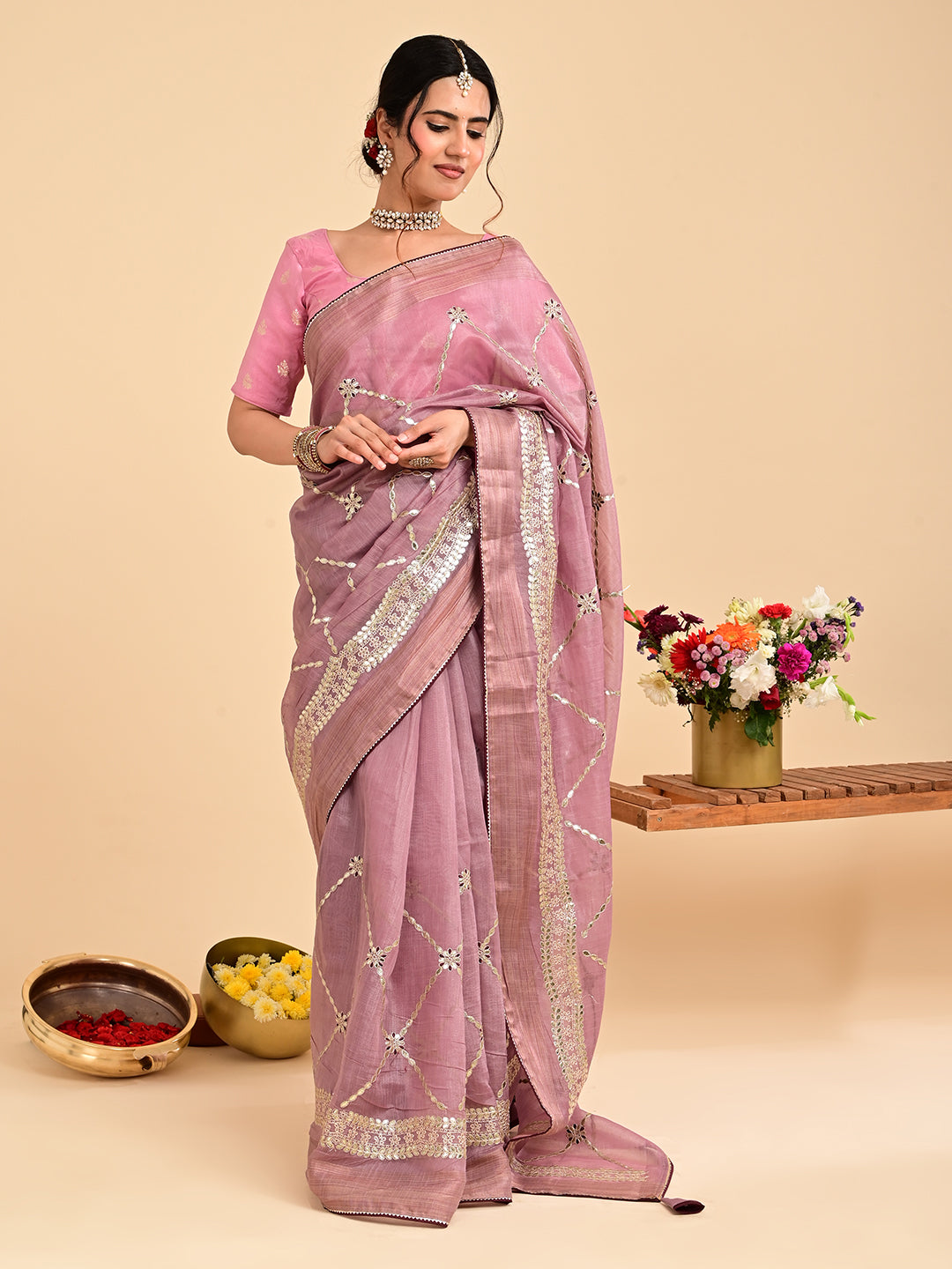 Embroidered Gota Patti Chanderi Saree
