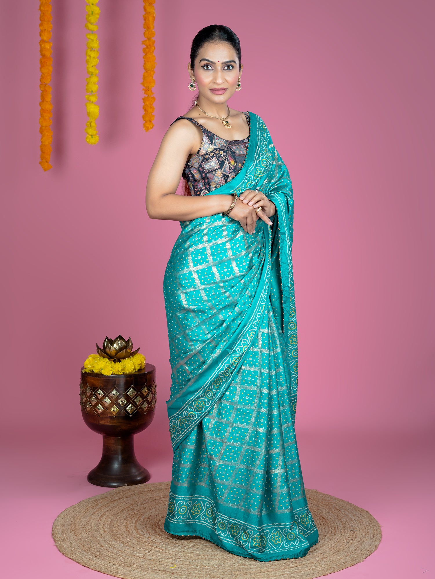 Turquoise Bandhini Saree