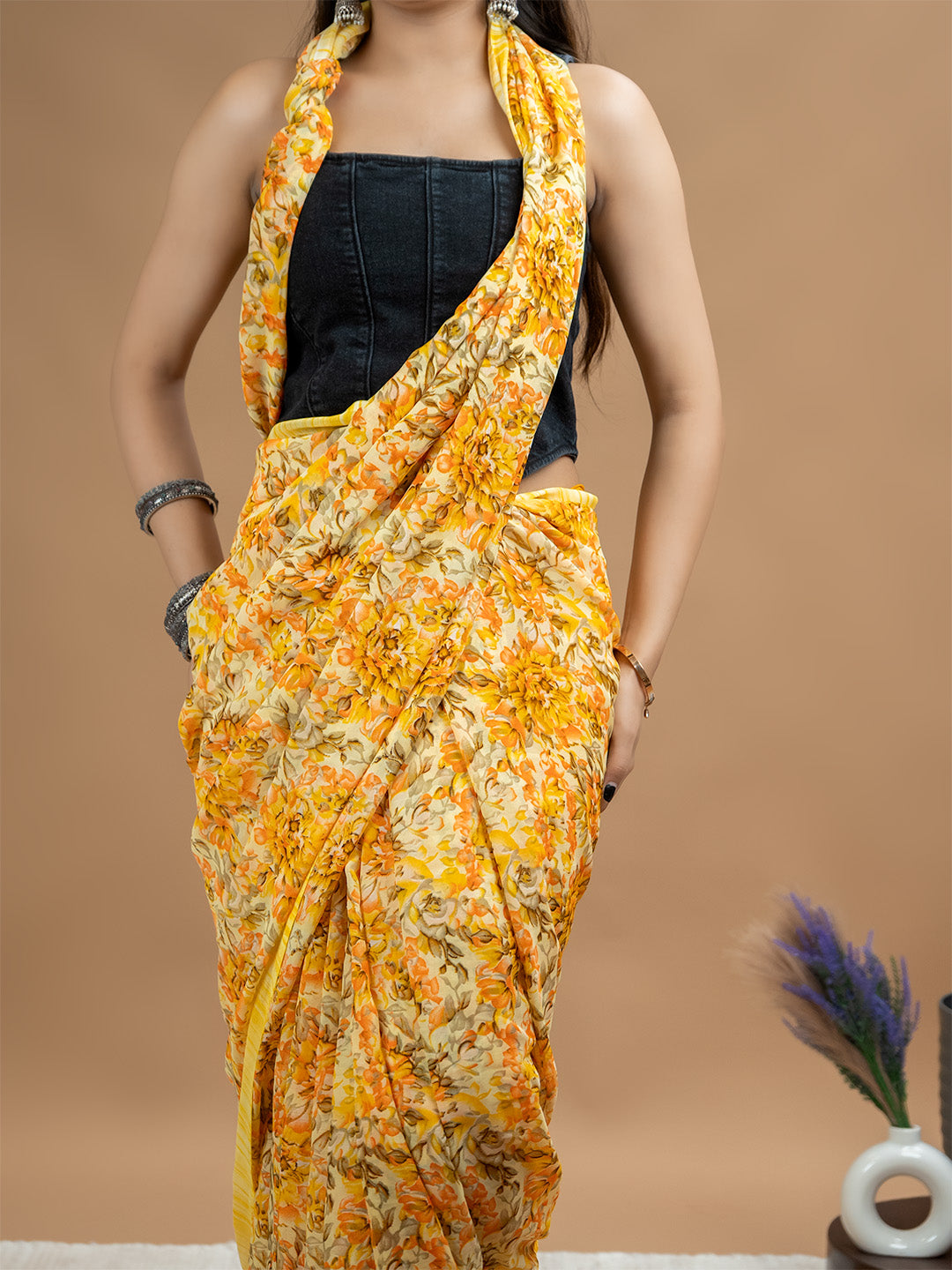 Floral Powder Crepe Saree