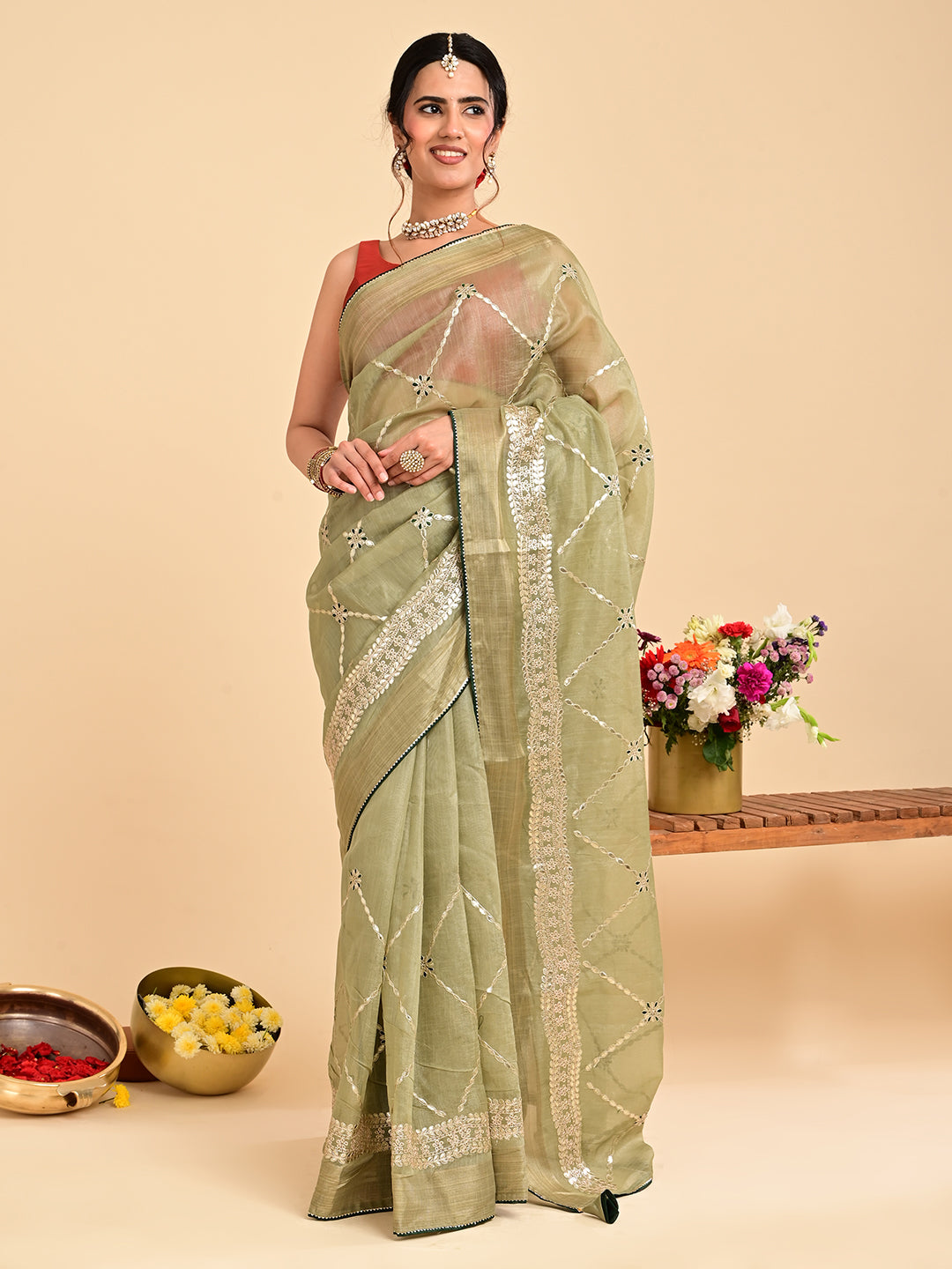 Embroidered Gota Patti Chanderi Saree