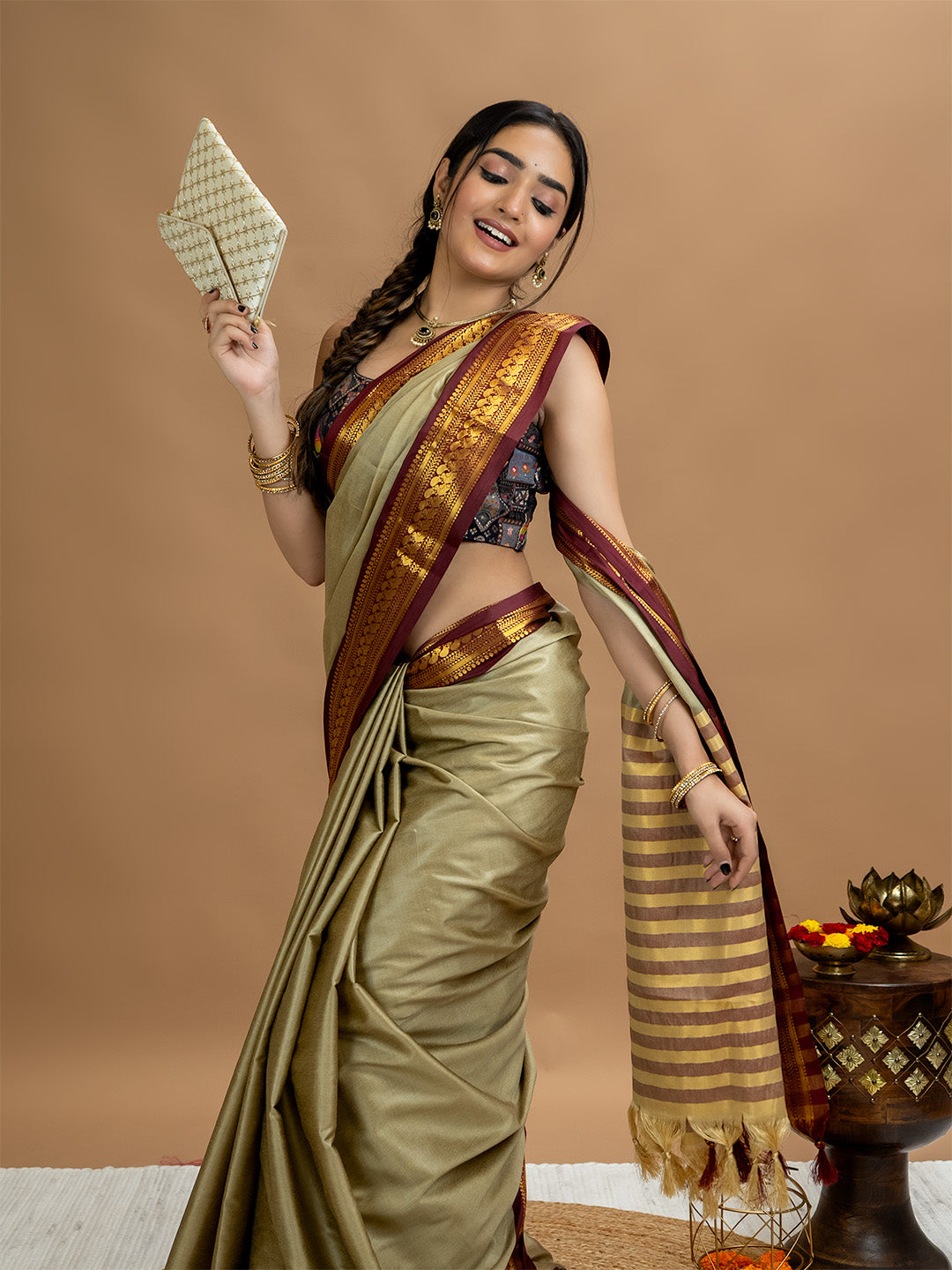 Beige Solid Saree