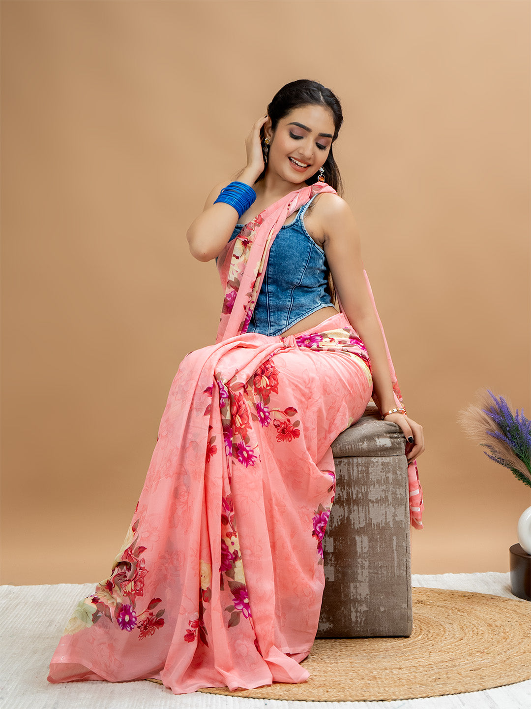 Floral Powder Crepe Saree
