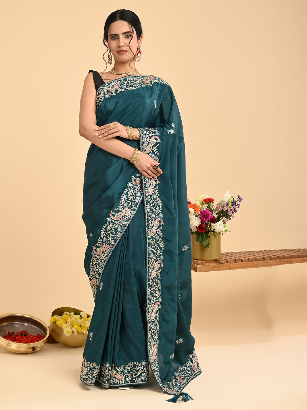 Embroidered Zardozi Crepe Silk Saree