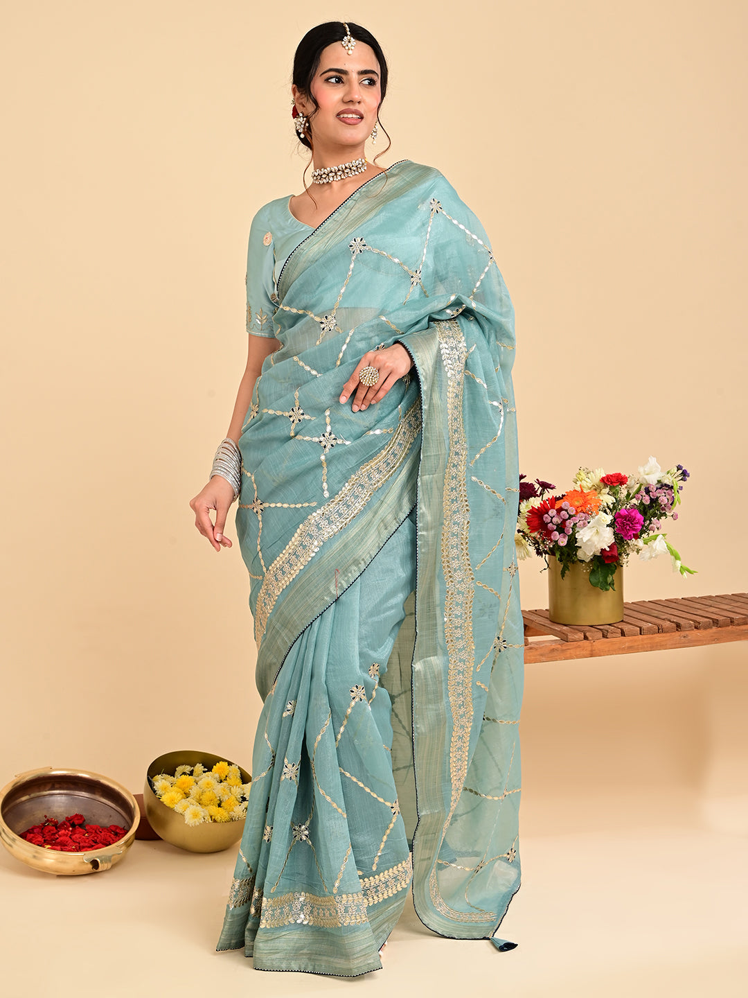 Embroidered Gota Patti Chanderi Saree