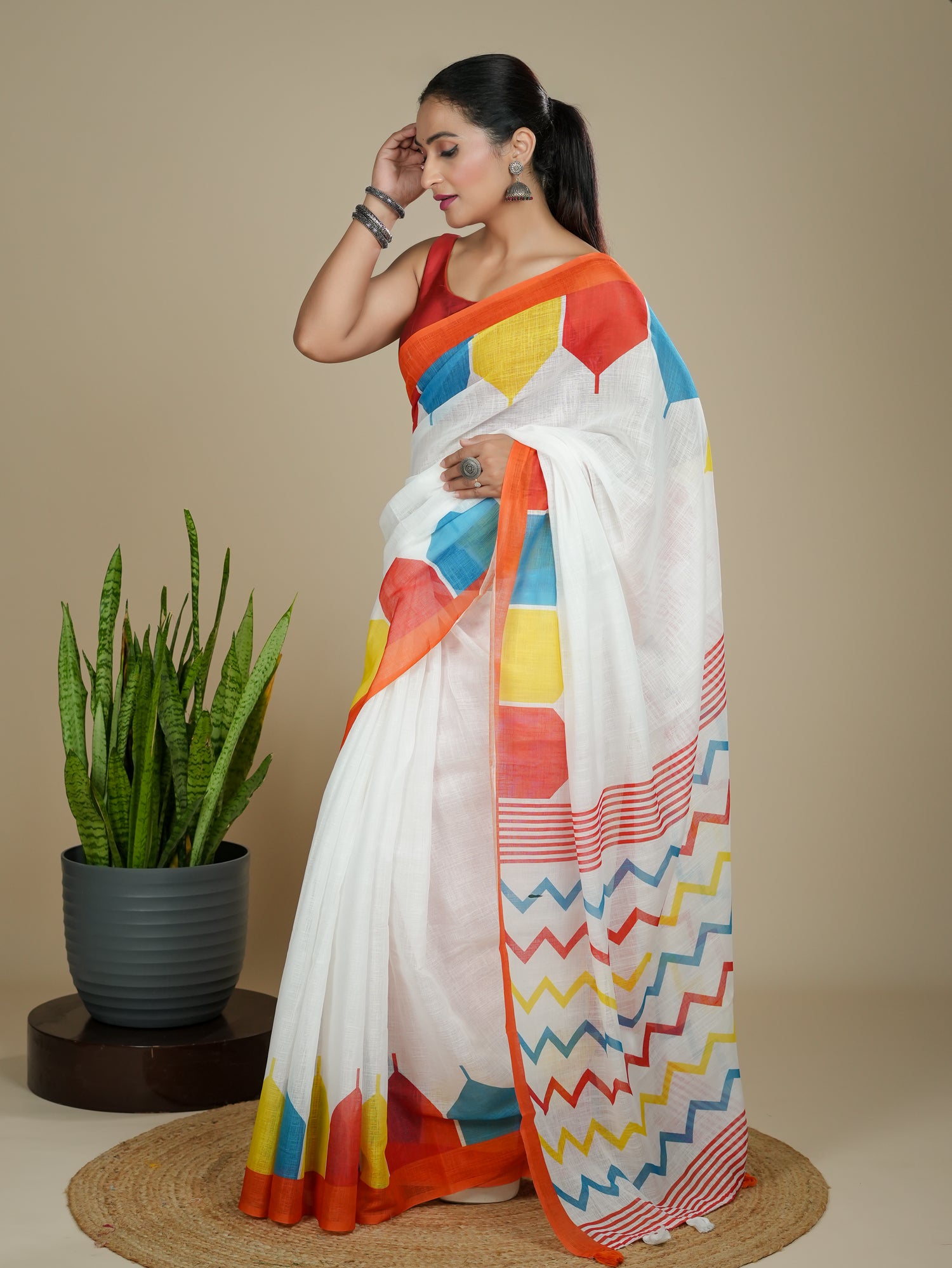 Cotton Linen Block Print Saree