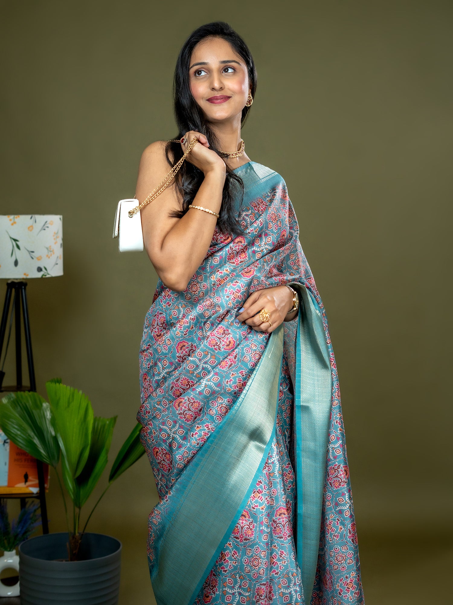 Seagreen Ajrakh Digital Print Saree