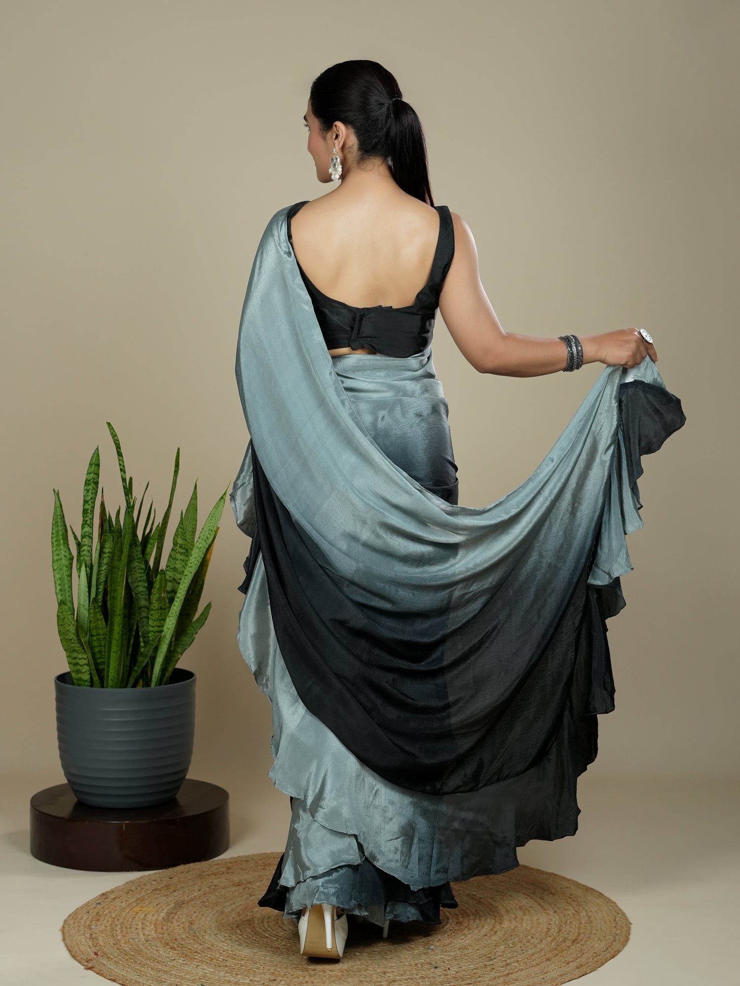 Grey Ready to Wear Party Saree