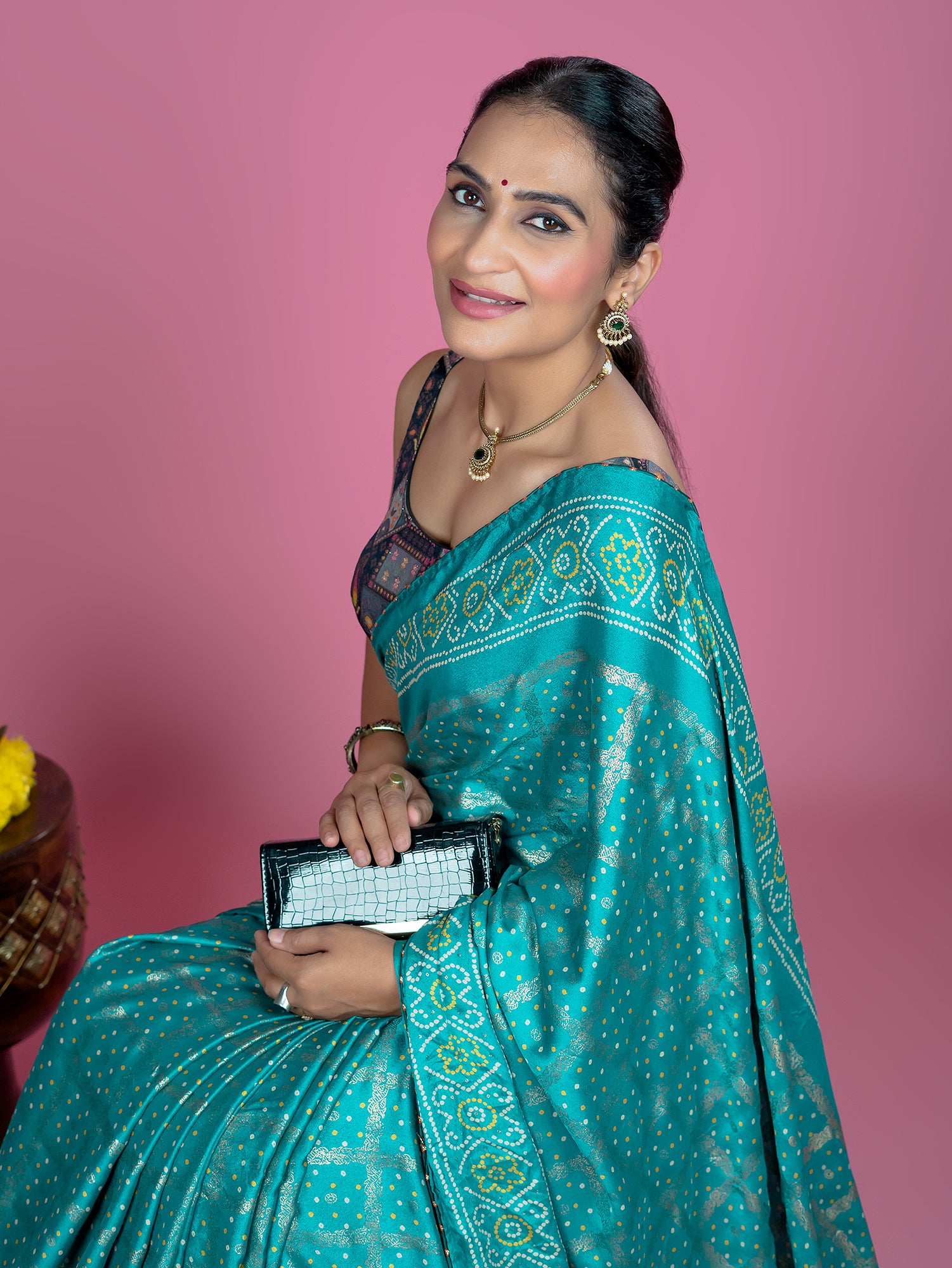 Turquoise Bandhini Saree